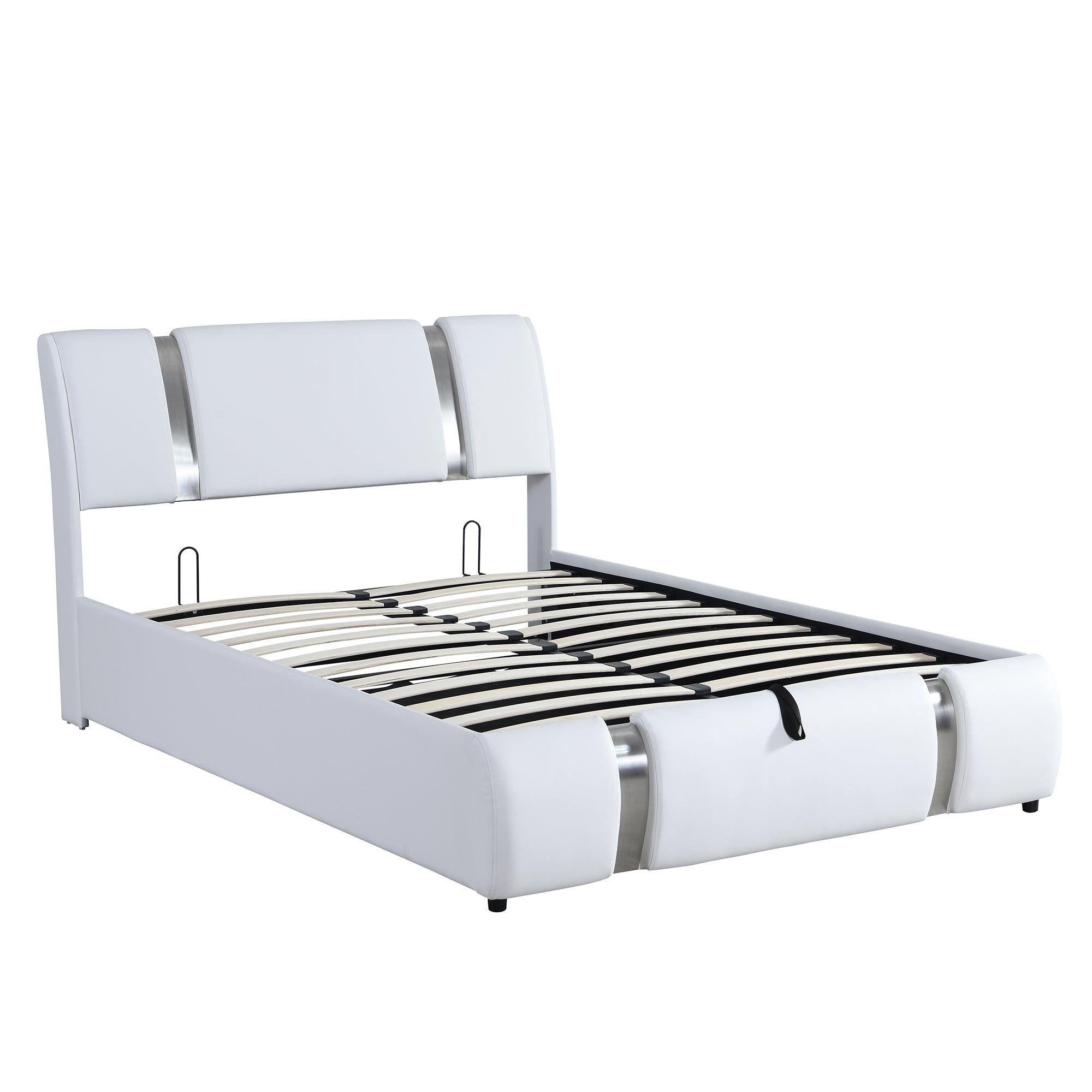 Full Size Upholstered Faux Leather Platform bed with a HydraulicStorage System, White