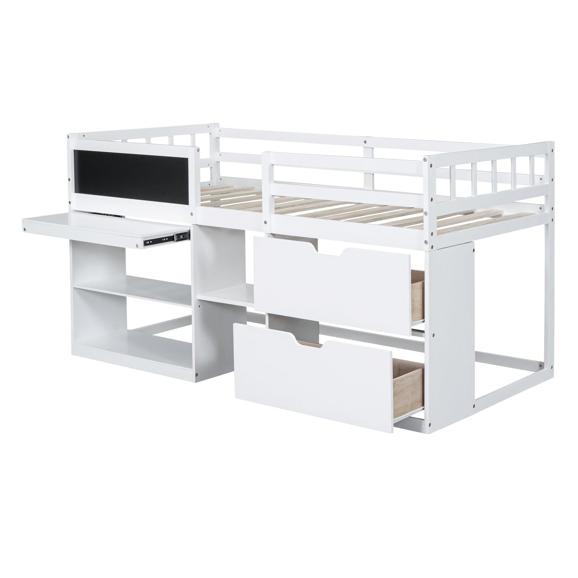 Twin Size Low Loft Bed with Rolling Desk, Shelf and Drawers - White