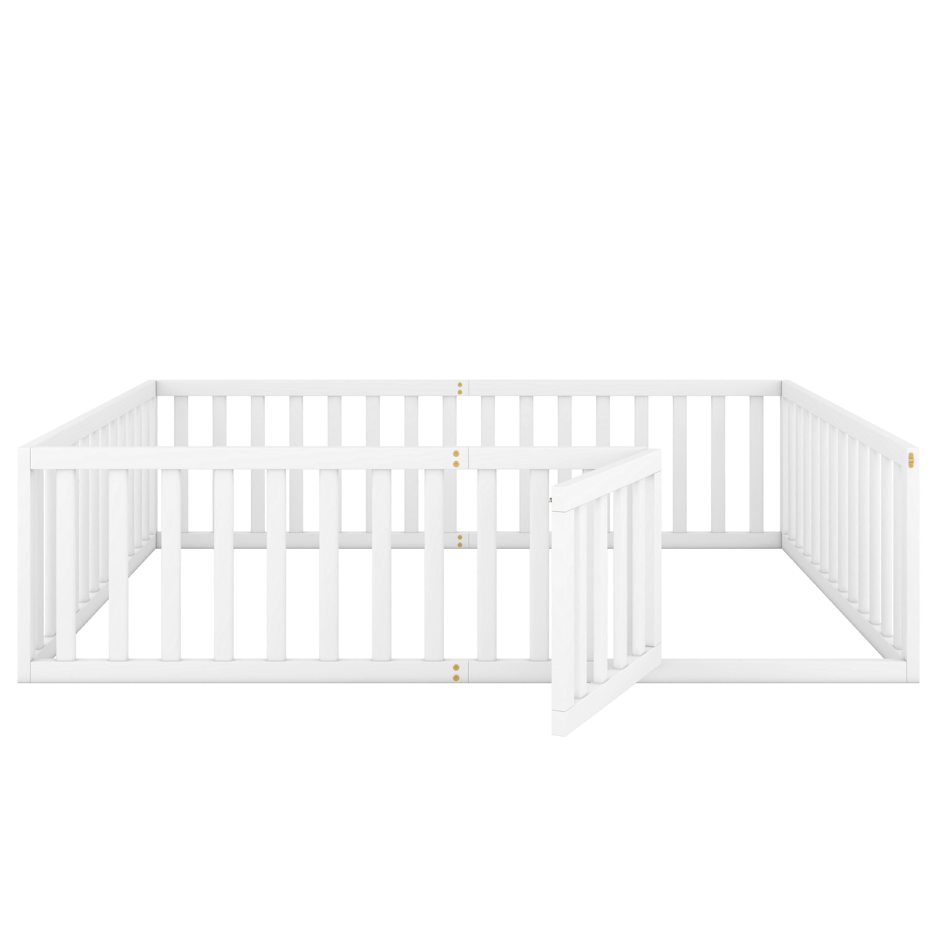 Queen  Size Wood Floor Bed Frame with Fence and Door, White