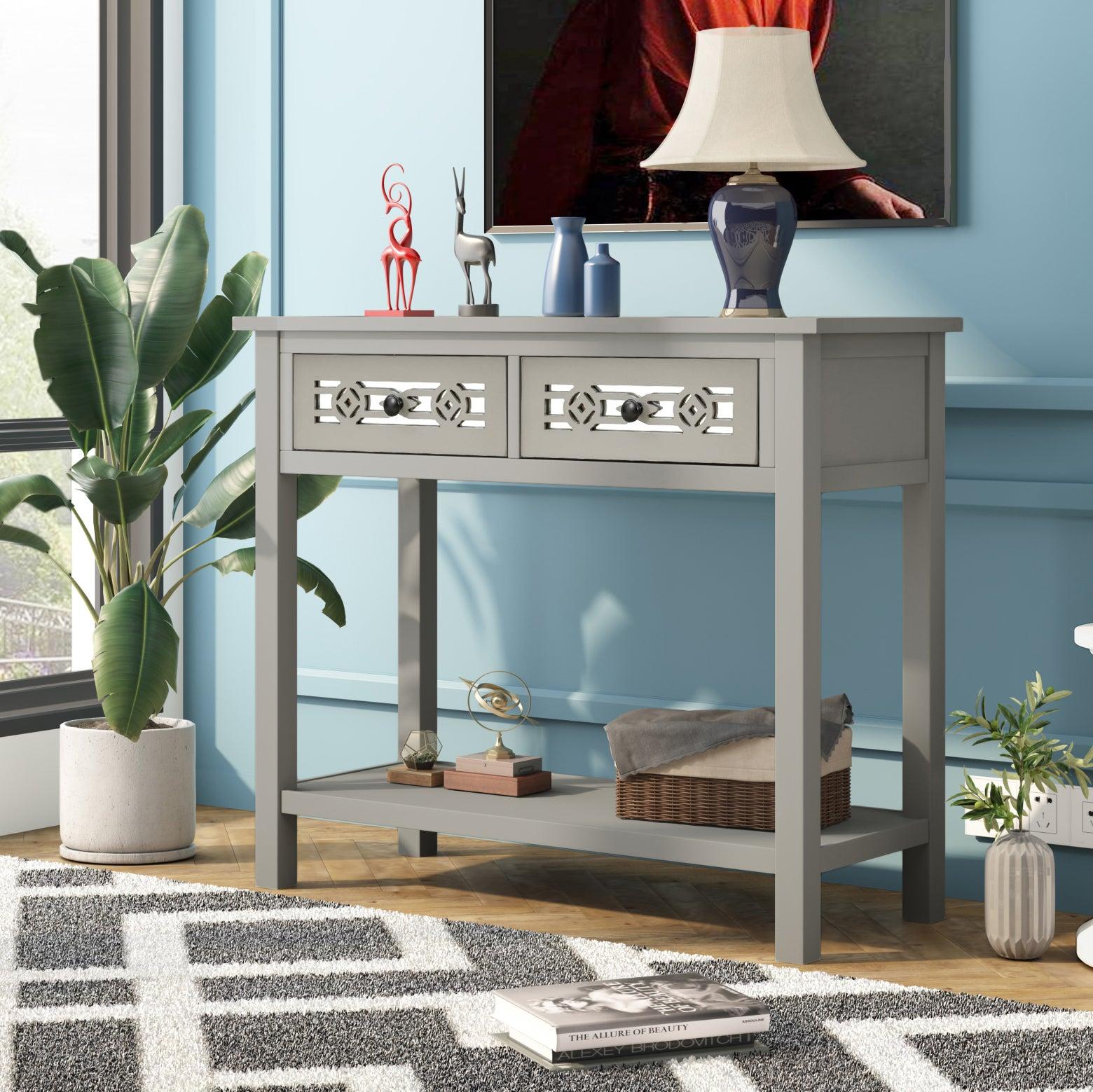 Classic Console Table with Hollow-out Decoration Two Top Drawers and Open Shelf LargeStorage Space (Silver) image