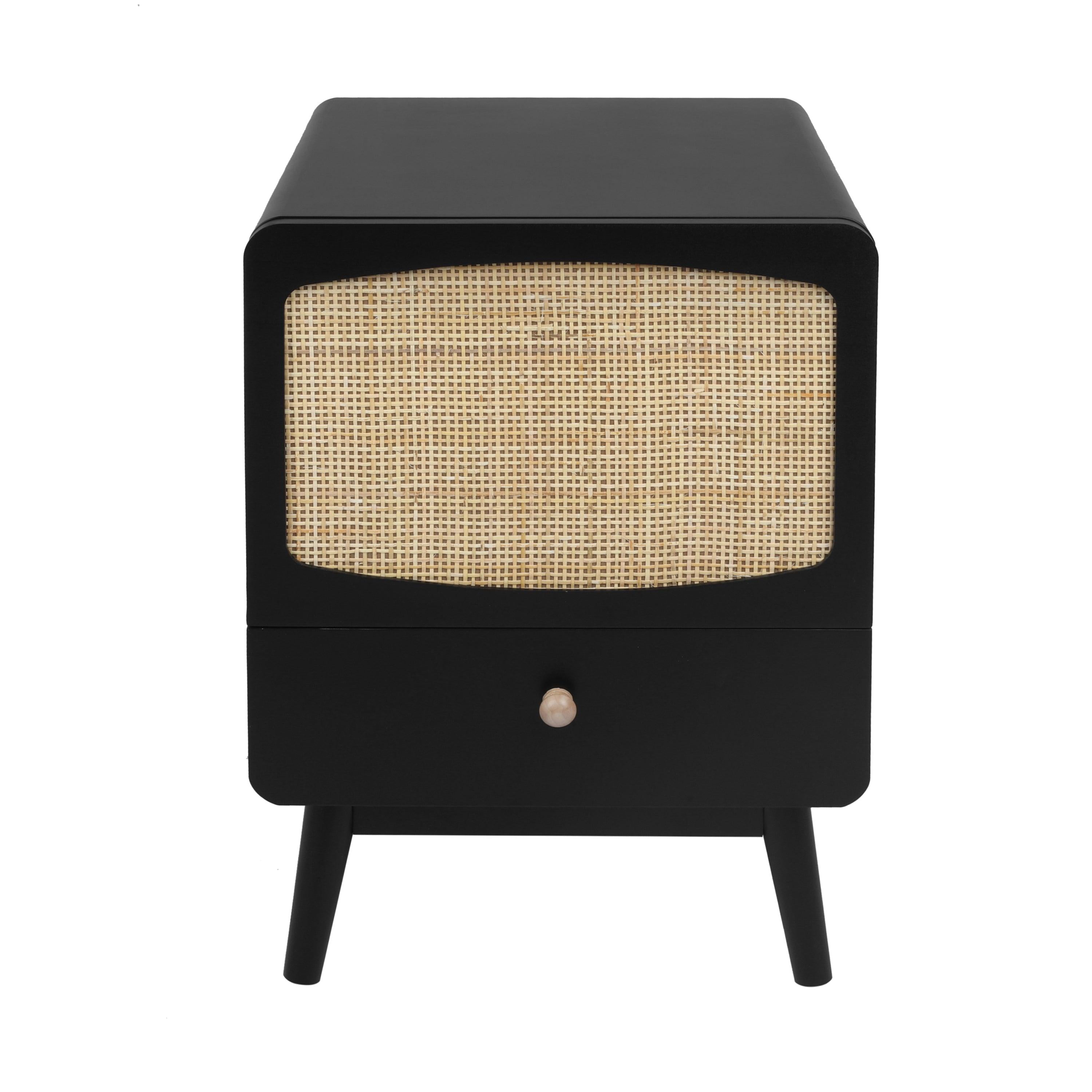 Black Nightstand,  Bedside Table withStorage Drawe/ Rattan Door