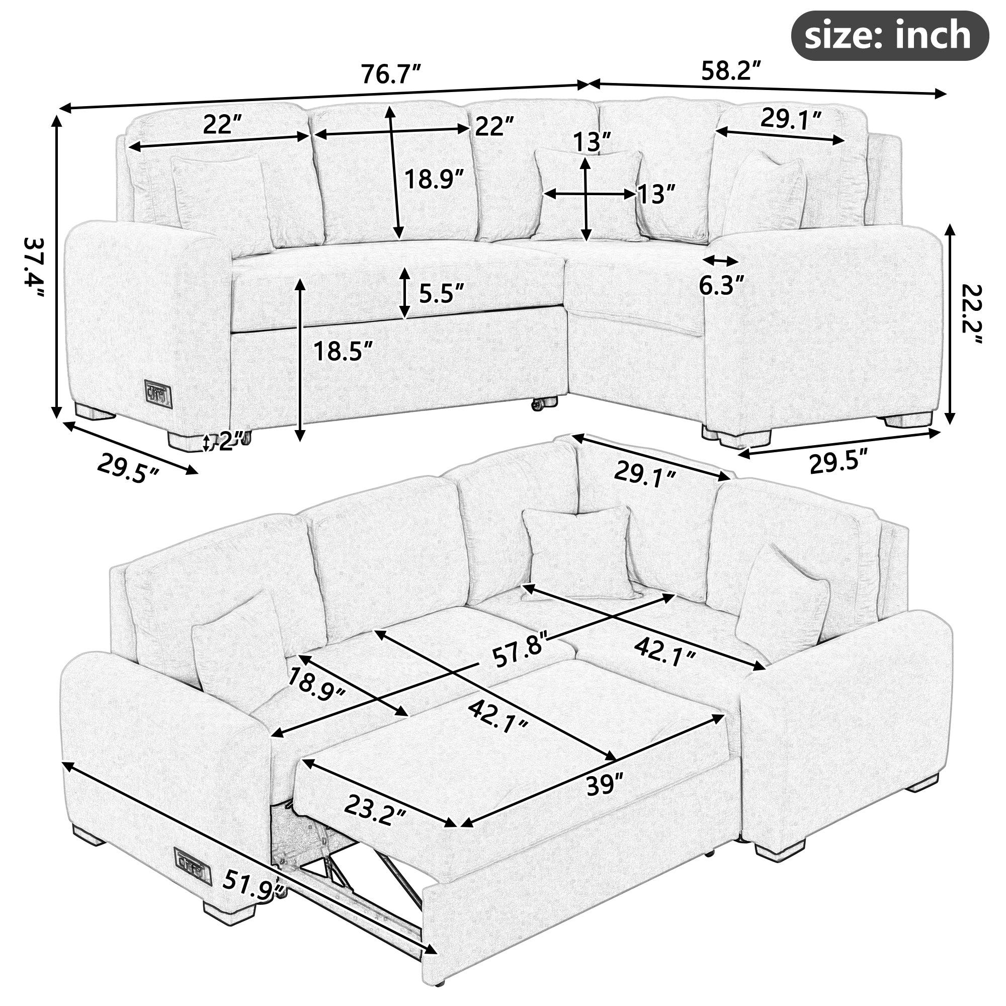 76.7"Sectional Sleeper Sofa with USB Charging Port and Plug Outlet,Pull-Out Sofa Bed with 3 Pillows, L-Shape Chaise for Living Room Small Apartment,Black