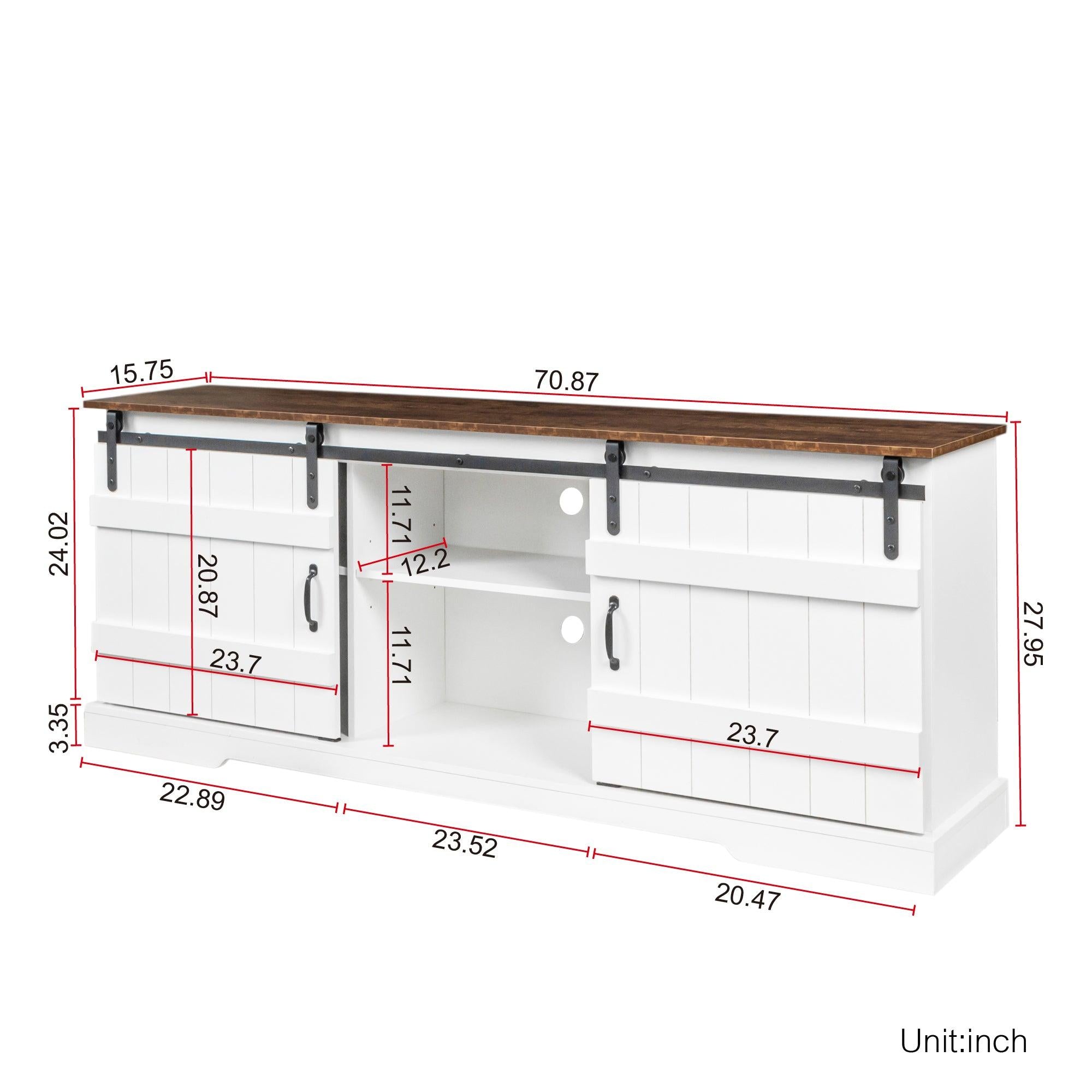 Farmhouse Sliding white Barn Door TV Stand for 80 inch TV Stands，OpenStorage Cabinet for Living Room Bedroom