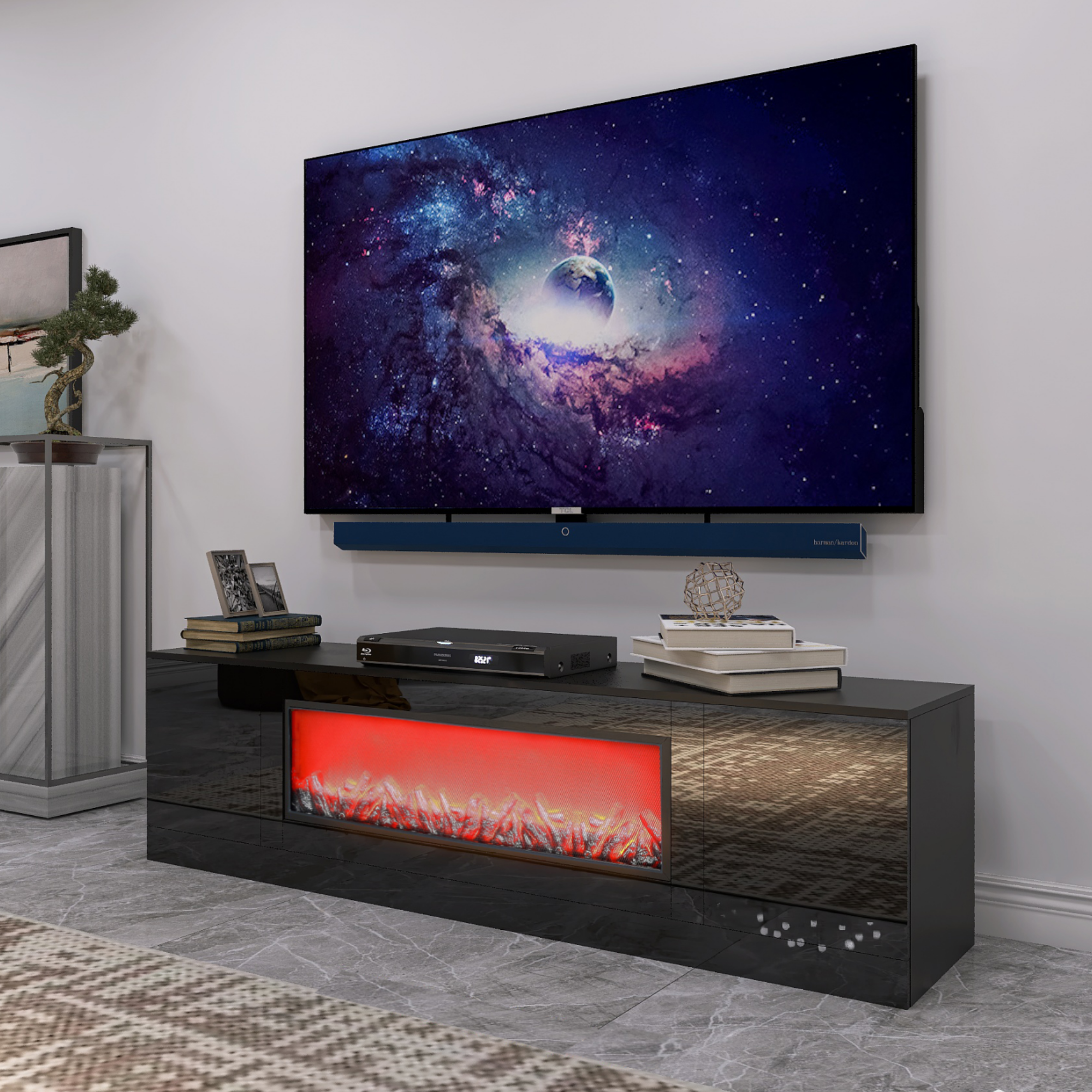 Living room furnitureModern black electric fireplace TV stand with insert fireplace,without remote and heating