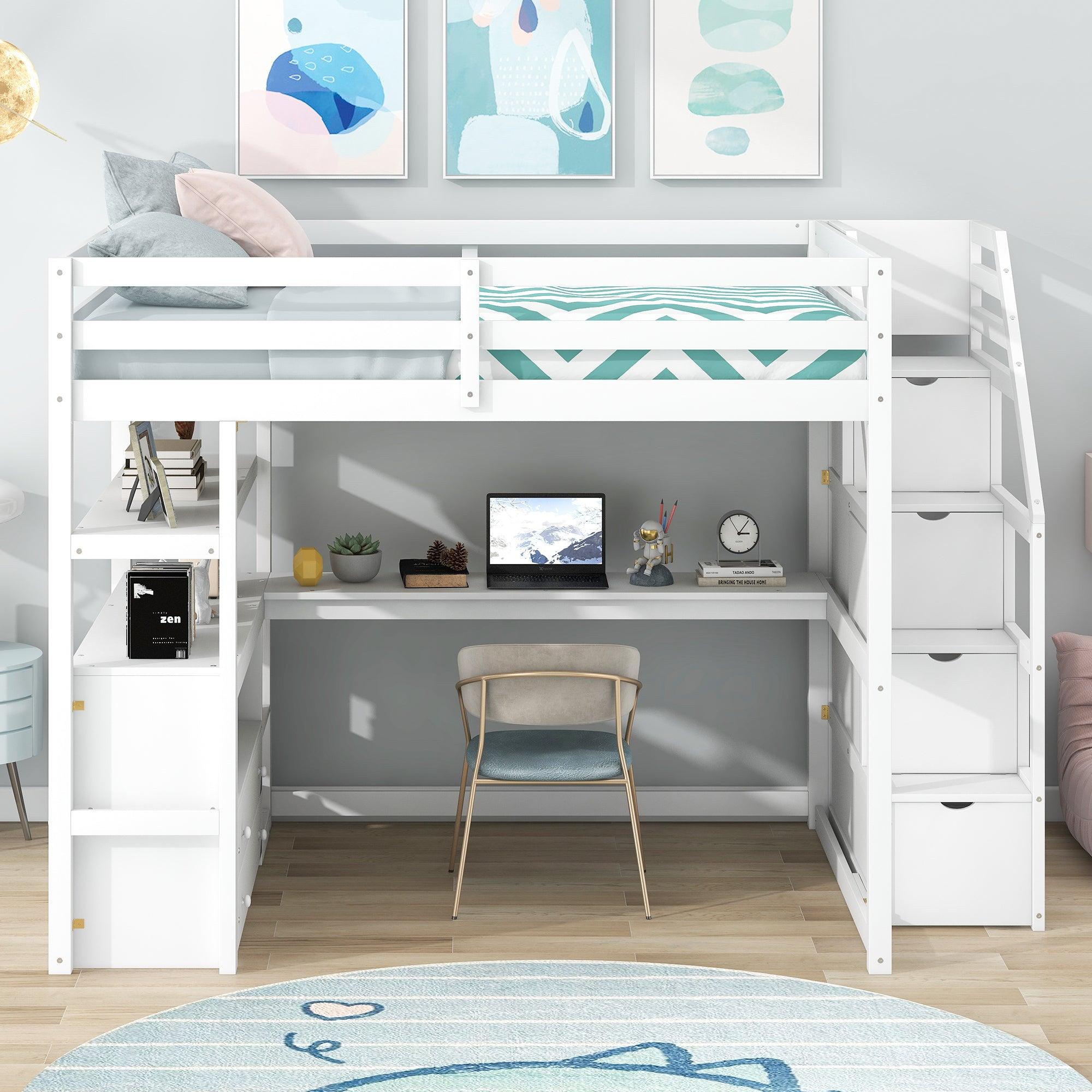 Full Size Loft Bed with Desk and Shelves, Two Built-in Drawers,Storage Staircase, White