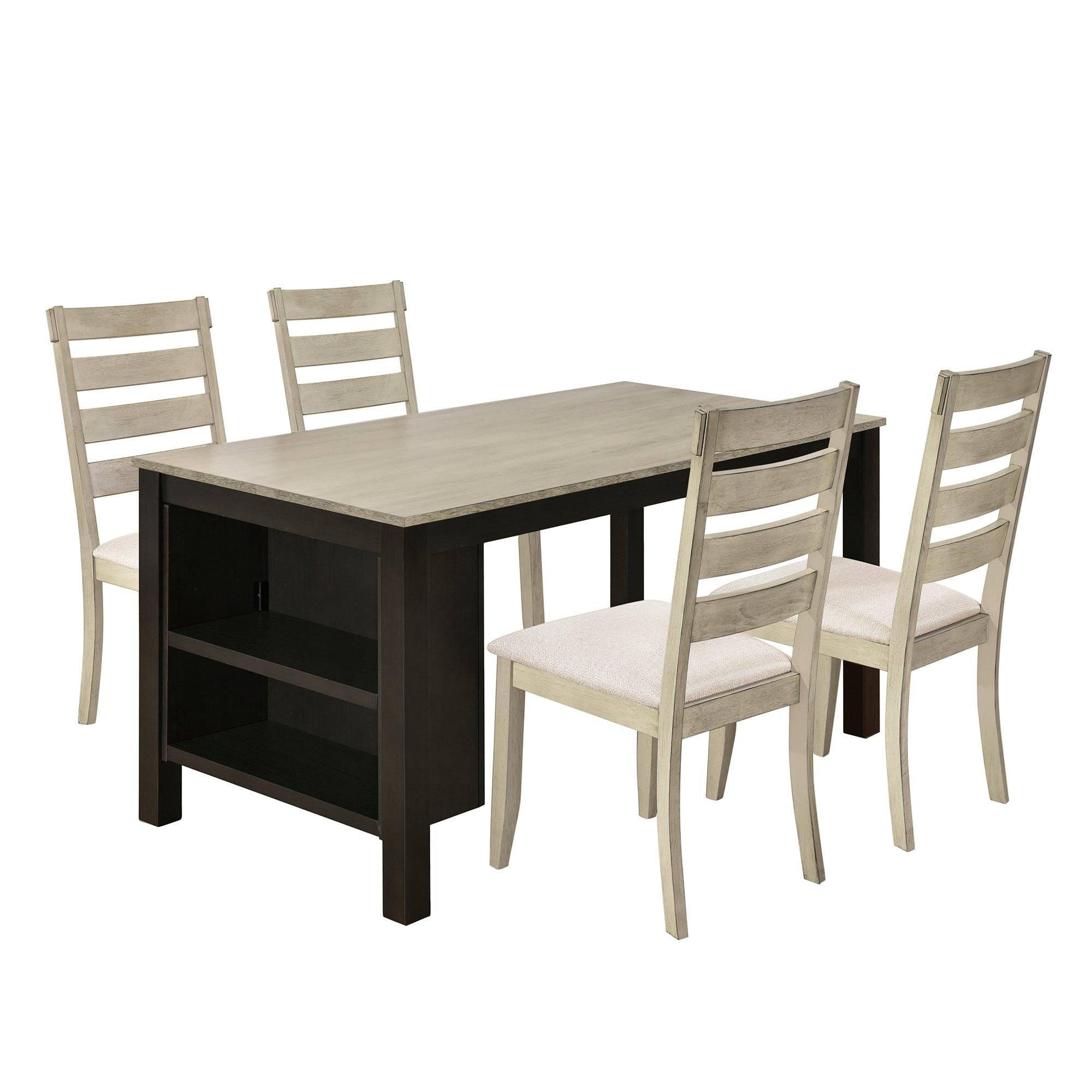 Farmhouse Wood 5-Piece Dining Table Set with 2-TierStorage Shelves,Kitchen Set for 4 with Padded Dining Chairs, Beige