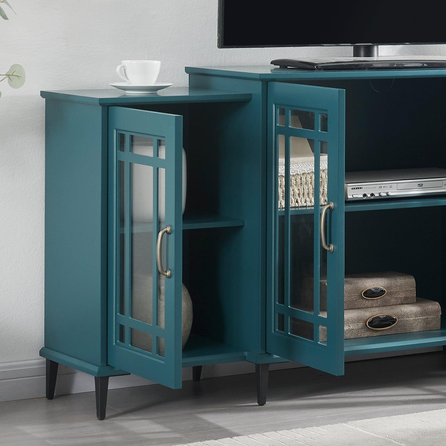 62” TV Stand,Storage Buffet Cabinet, Sideboard with Glass Door and Adjustable Shelves, Console Table for Dining Living Room Cupboard, Teal Blue