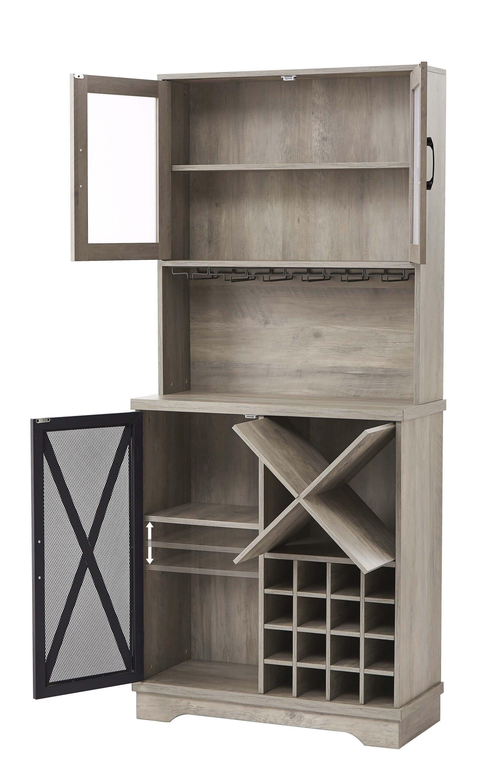 Farmhouse Wine Cabinet , Large Capacity Kitchen SideboardStorage Cabinet With Wine Rack And Glass Holder, Adjustable Shelf And 16 Square Compartments (Gray, 31.50" W*13.4" D*71.06"H)