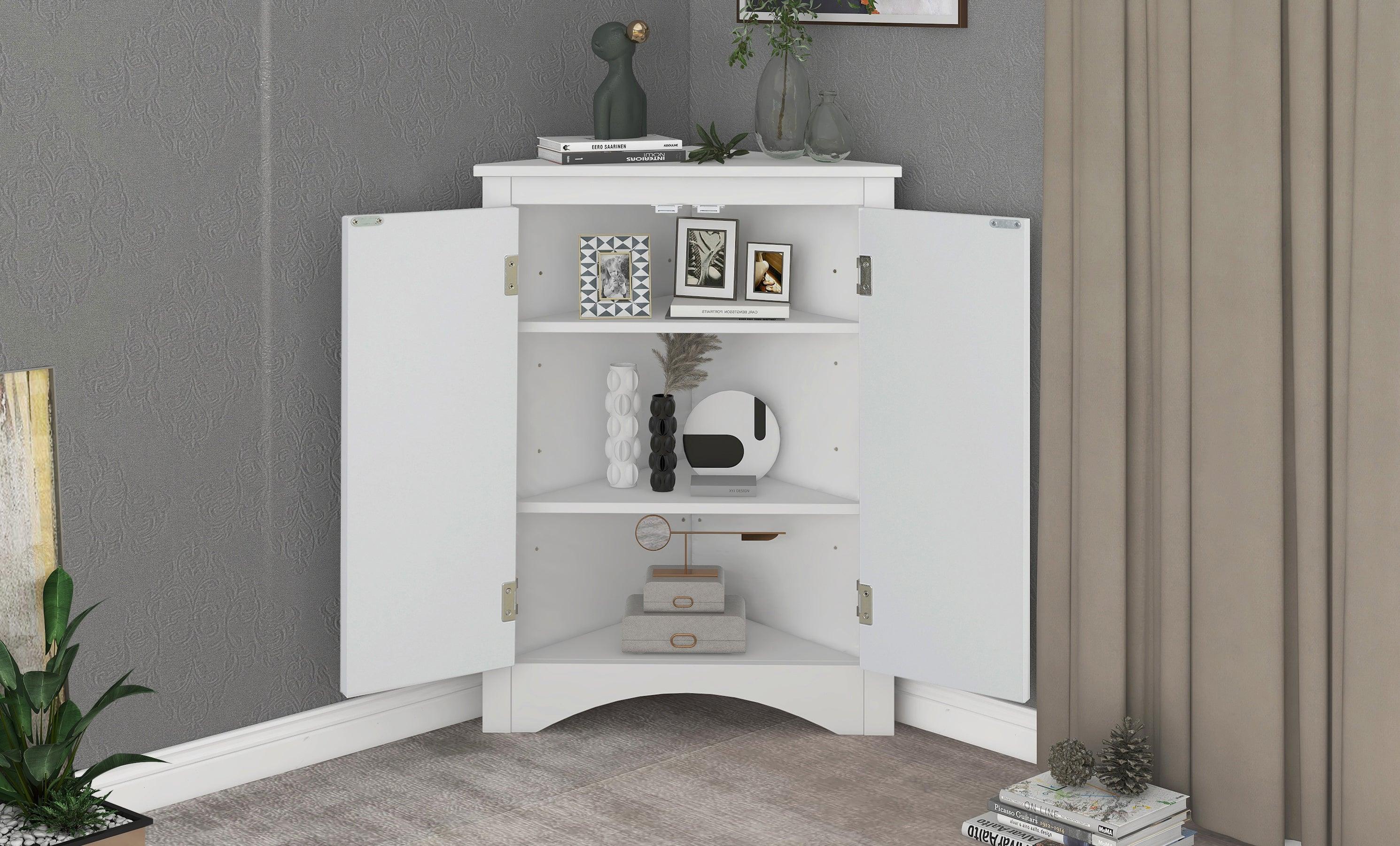 White Triangle BathroomStorage Cabinet with Adjustable Shelves, Freestanding Floor Cabinet for Home Kitchen