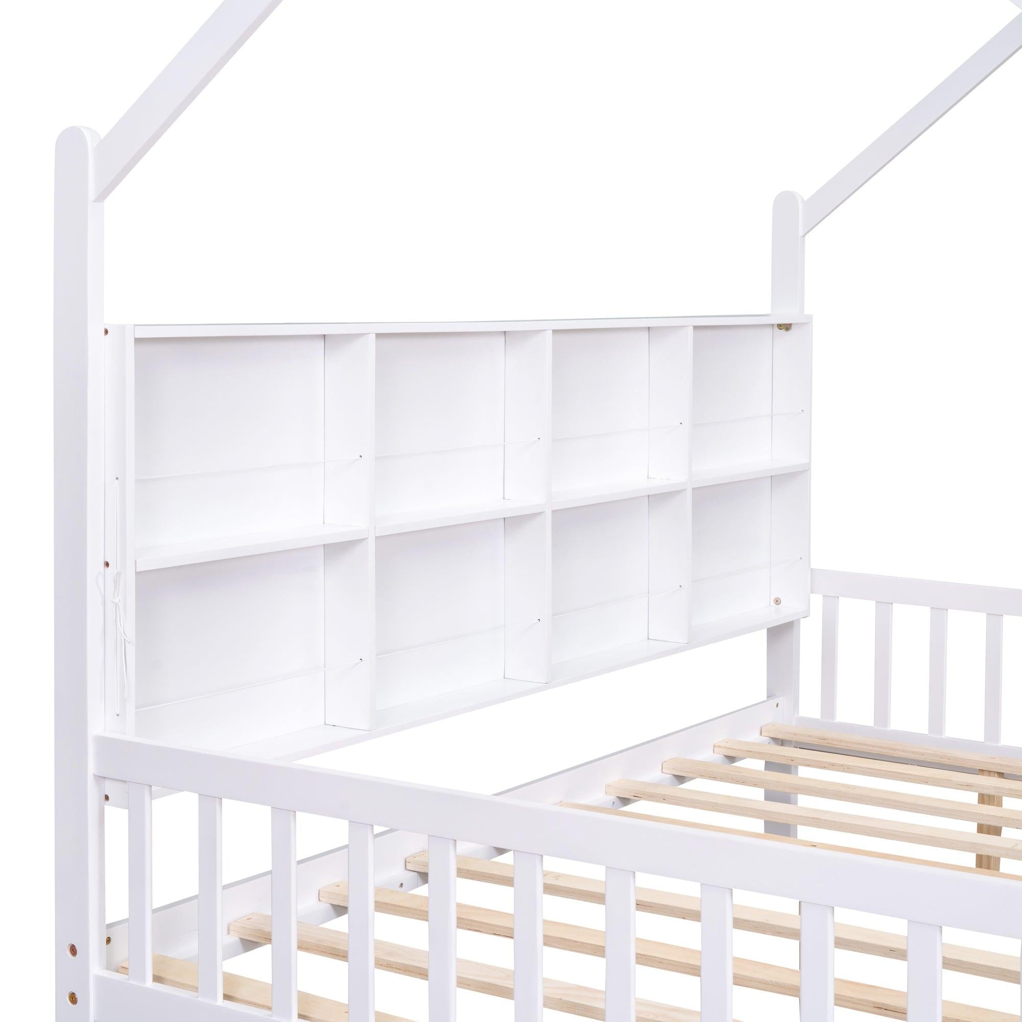 Wooden Full Size House Bed with 2 Drawers,Kids Bed withStorage Shelf, White