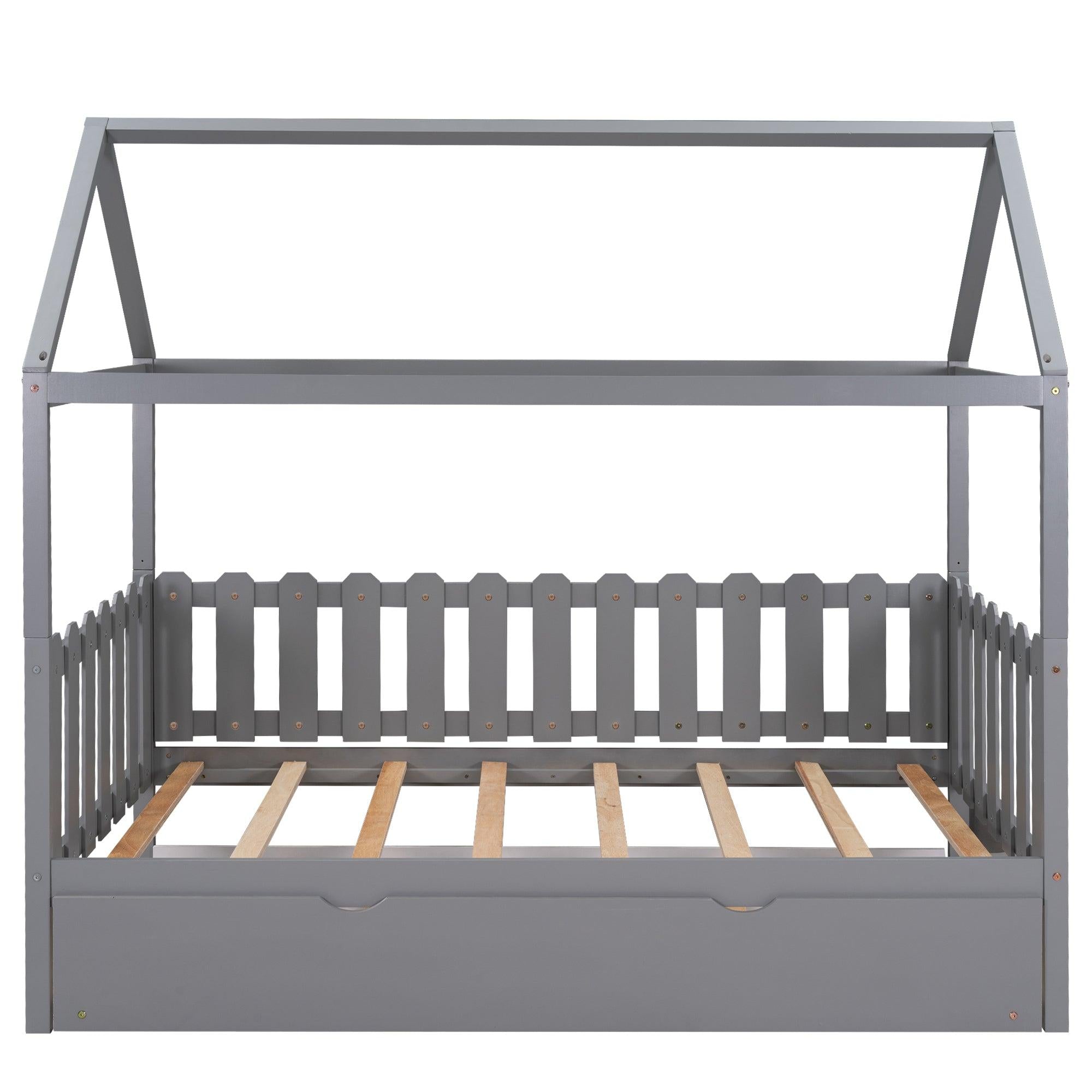 Twin Size House Bed with Trundle, Fence-shaped Guardrail, Gray(New)