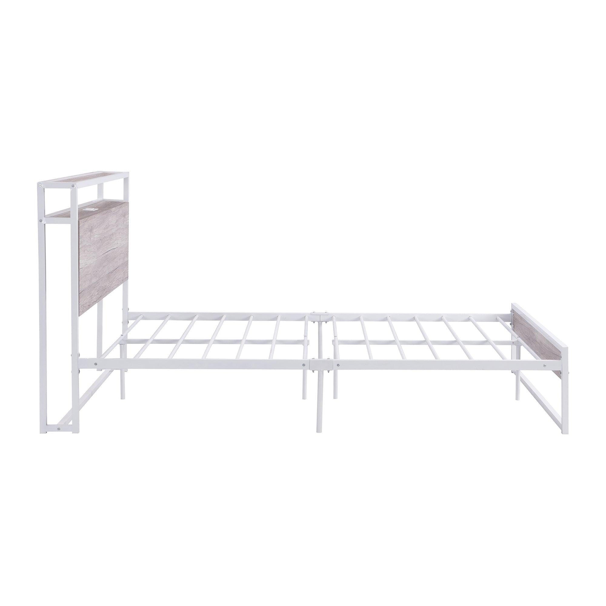 Full Size Metal Platform Bed Frame with Sockets, USB Ports and Slat Support ,No Box Spring Needed White