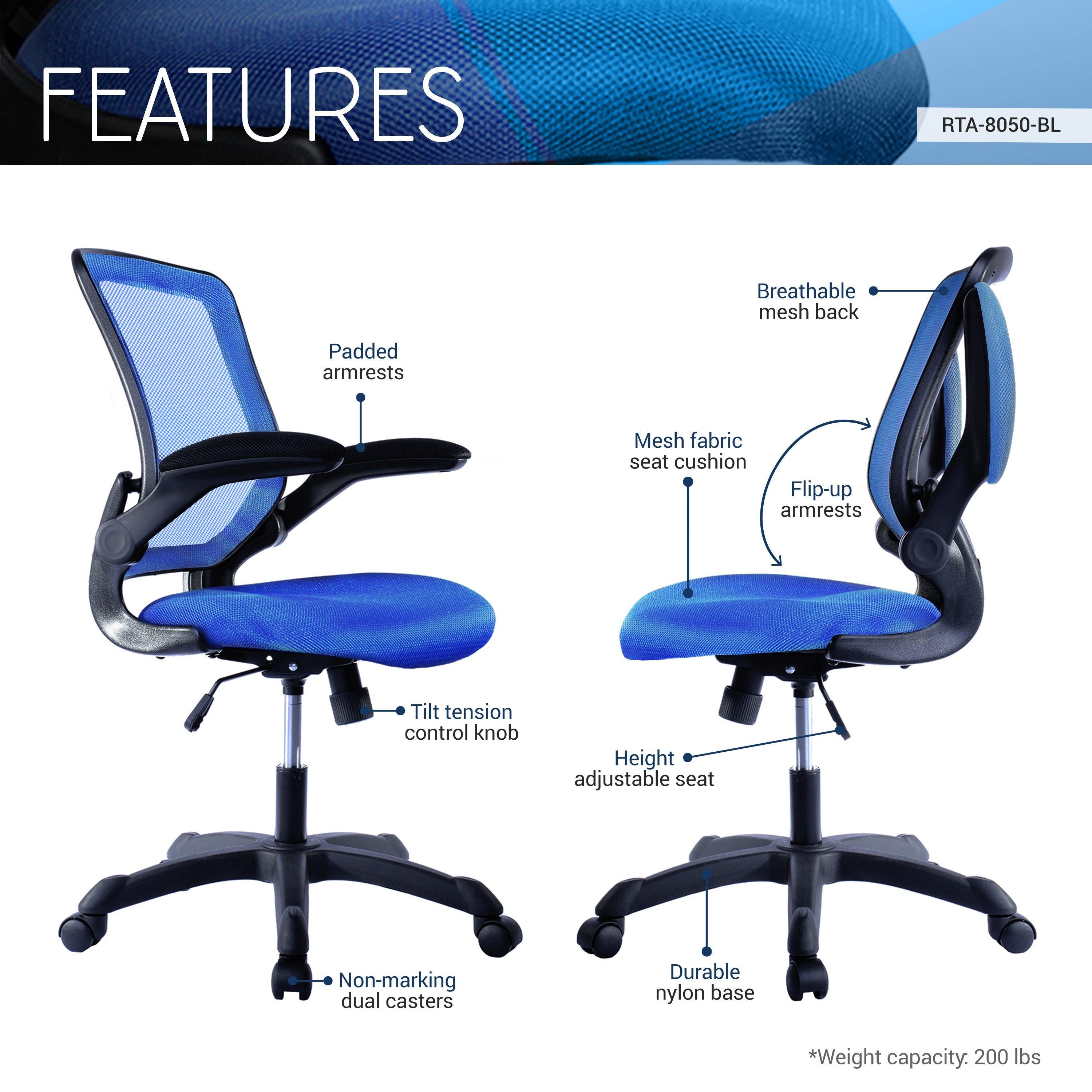 Techni Mobili Mesh Task Office Chair with Flip Up Arms, Blue