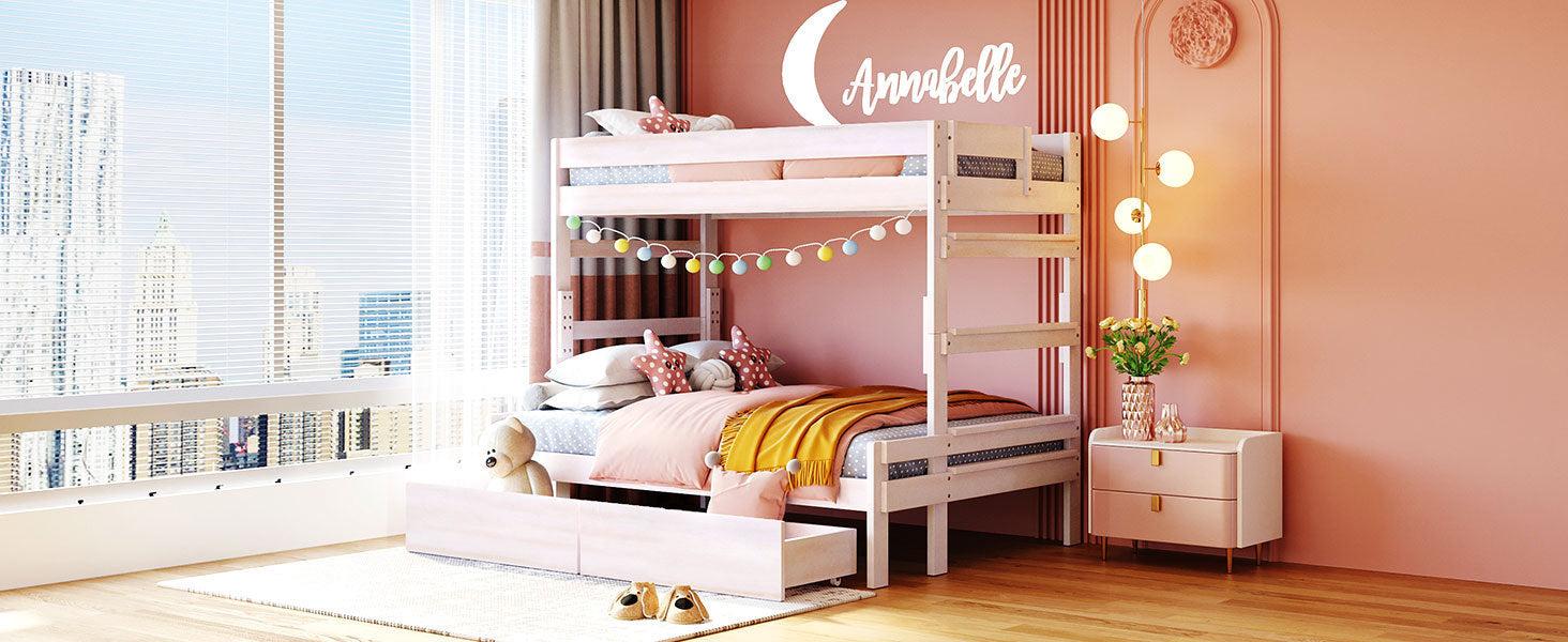 Twin over Full Wood Bunk Bed with 2 Drawers, White