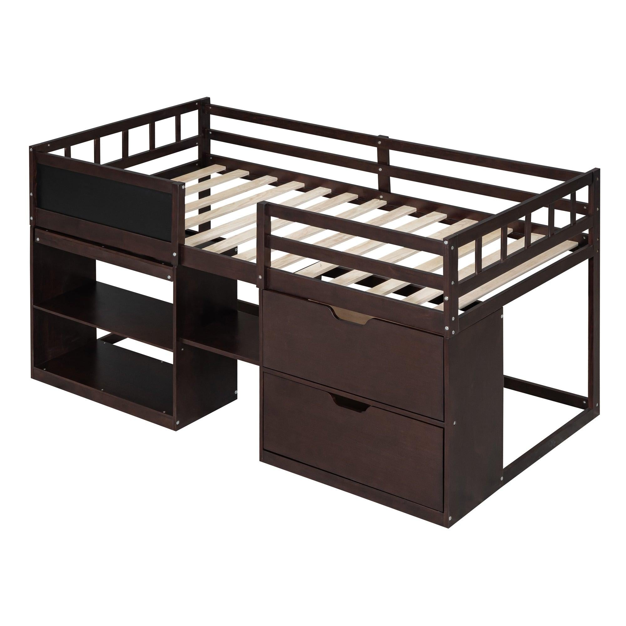 Twin Size Low Loft Bed with Rolling Desk, Shelf and Drawers - Espresso