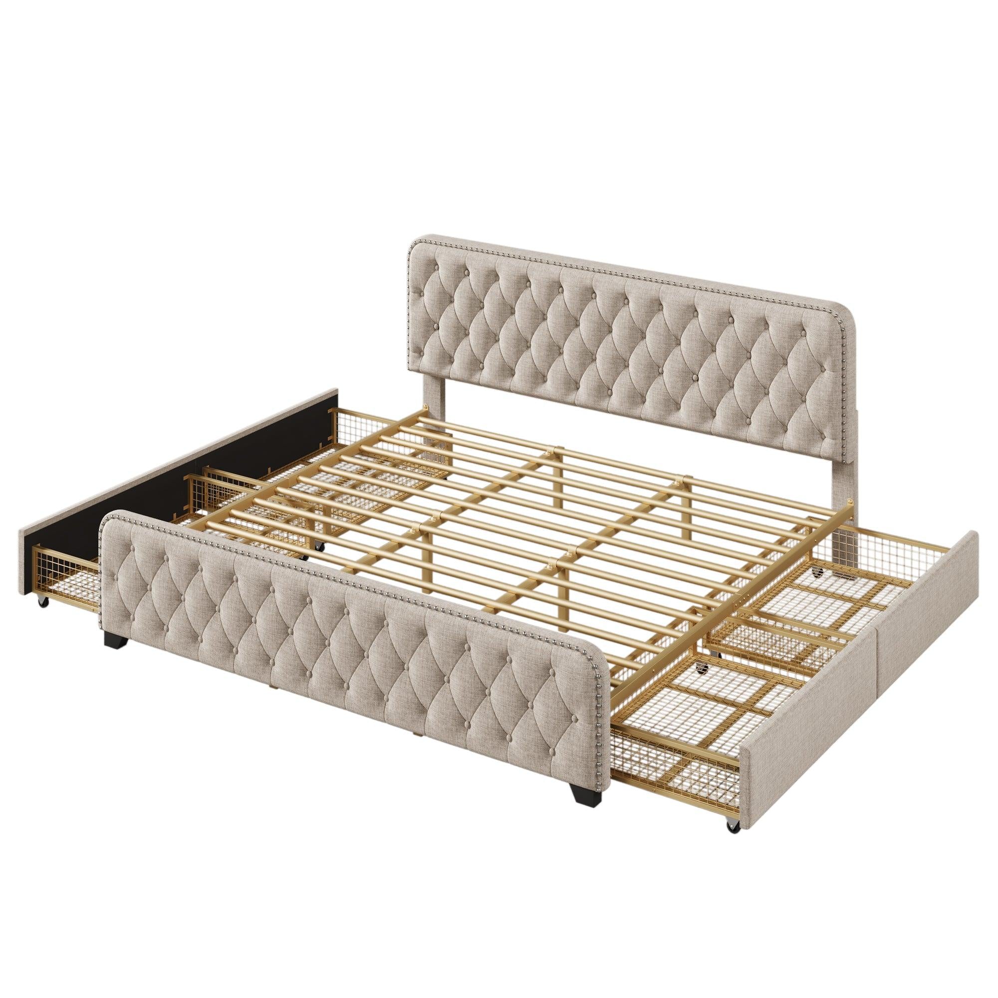 Upholstered Platform Bed Frame with Four Drawers, Button Tufted Headboard and Footboard Sturdy Metal Support, No Box Spring Required, Beige, King