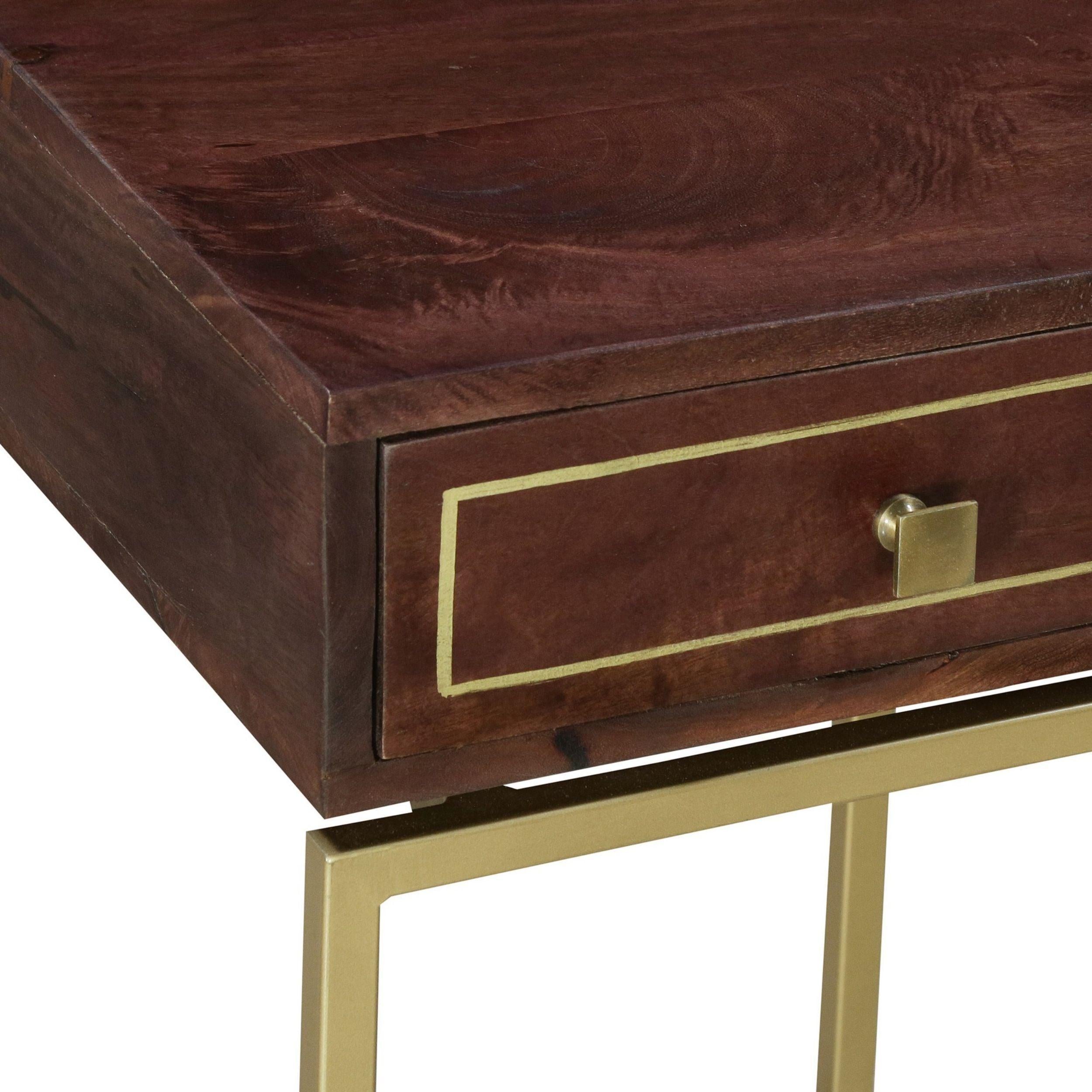 Ellis 16 Inch Side Table with 1 Drawer and Brass Metal Legs, Brown, Matte Gold