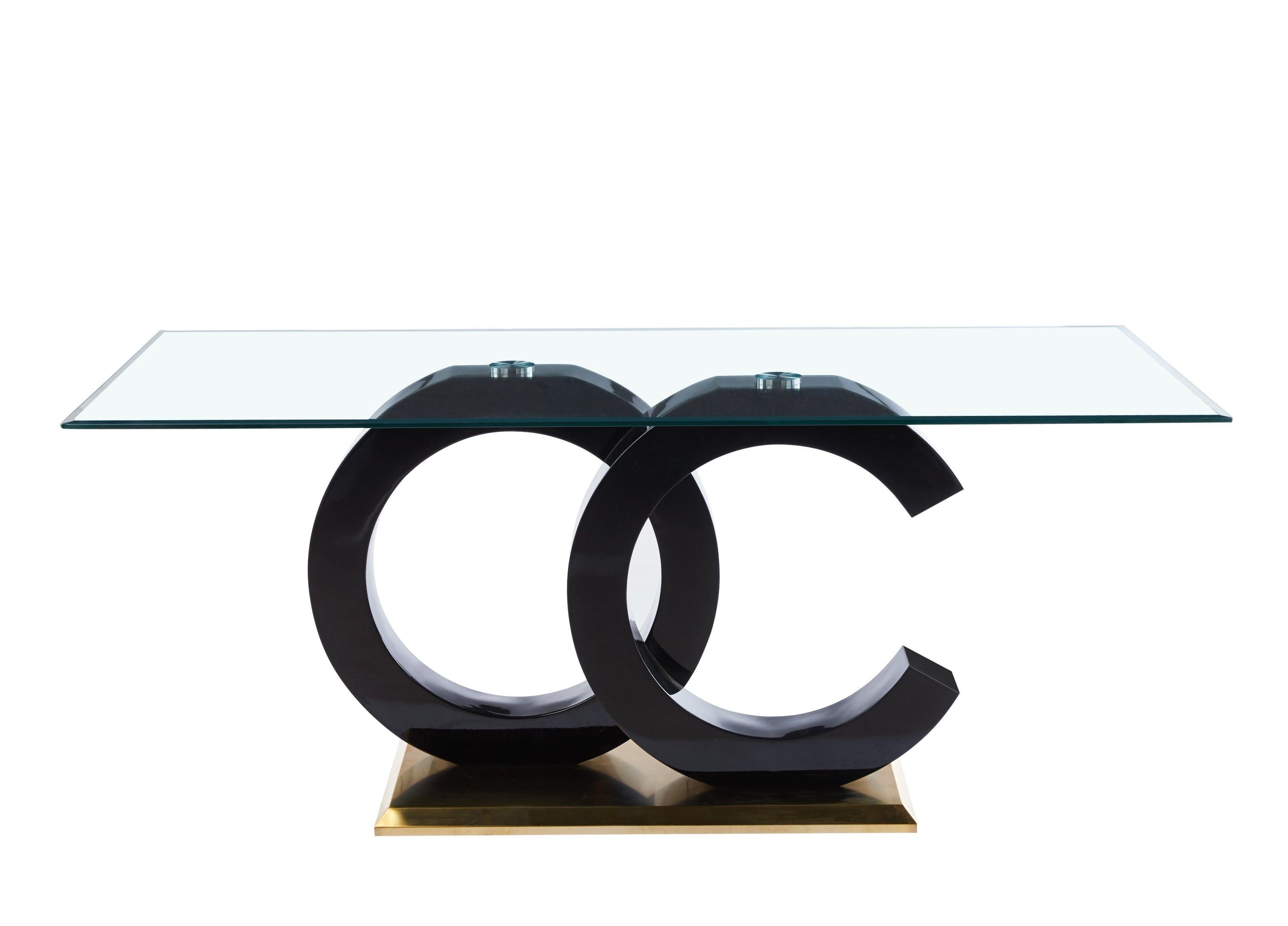 Tempered Glass Dining Table with Black MDF Middle Support and Stainless Steel Base forModern Design image