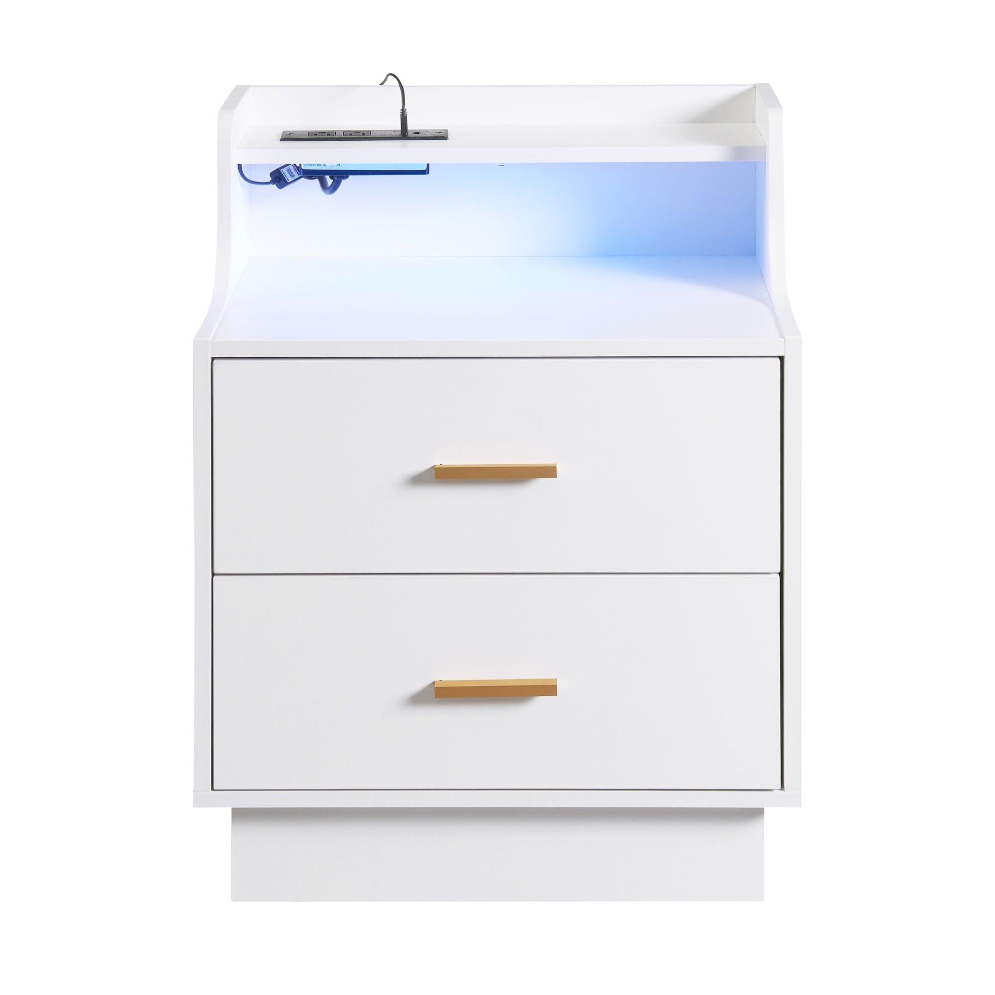 Multifunctional Nightstand with 2 Drawers, Shelf with USB Charging Design and Color-Changing LED, White