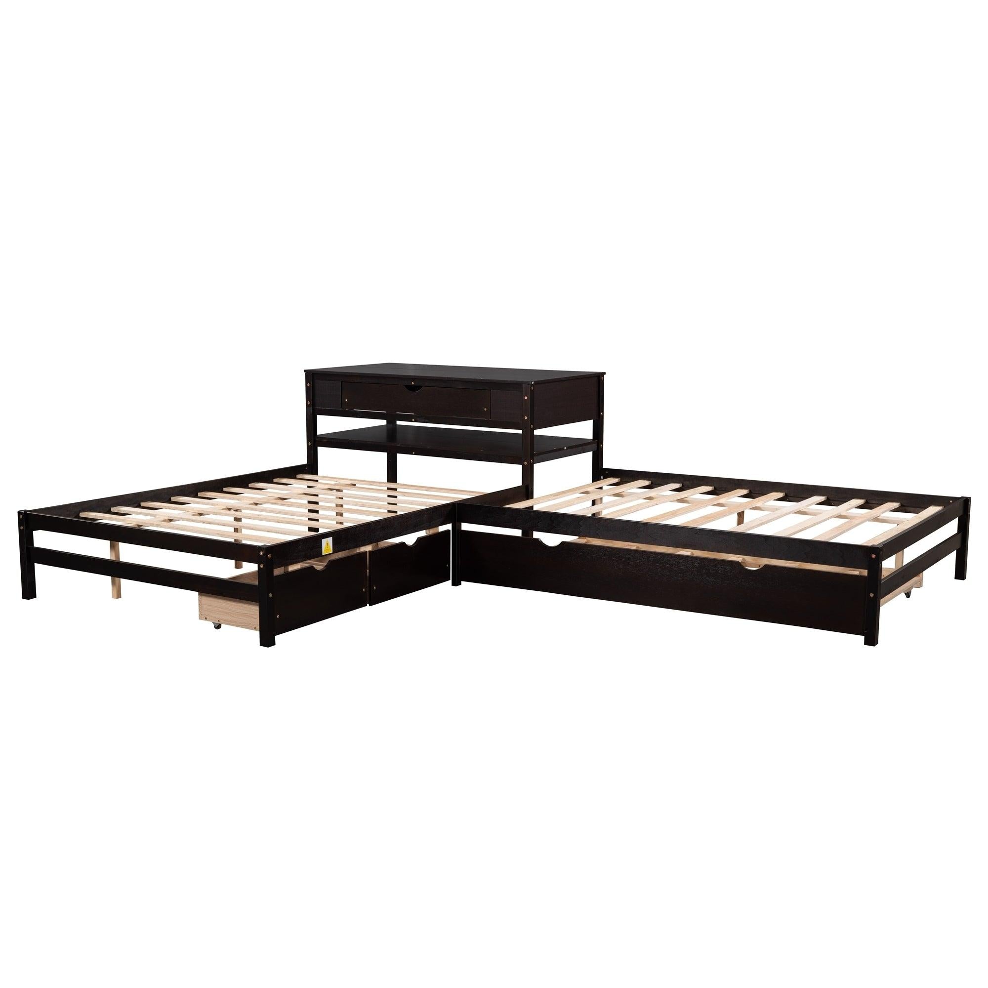 Full Size L-shaped Platform Beds with Twin Size Trundle and Drawers Linked with Built-in Rectangle Table,Espresso