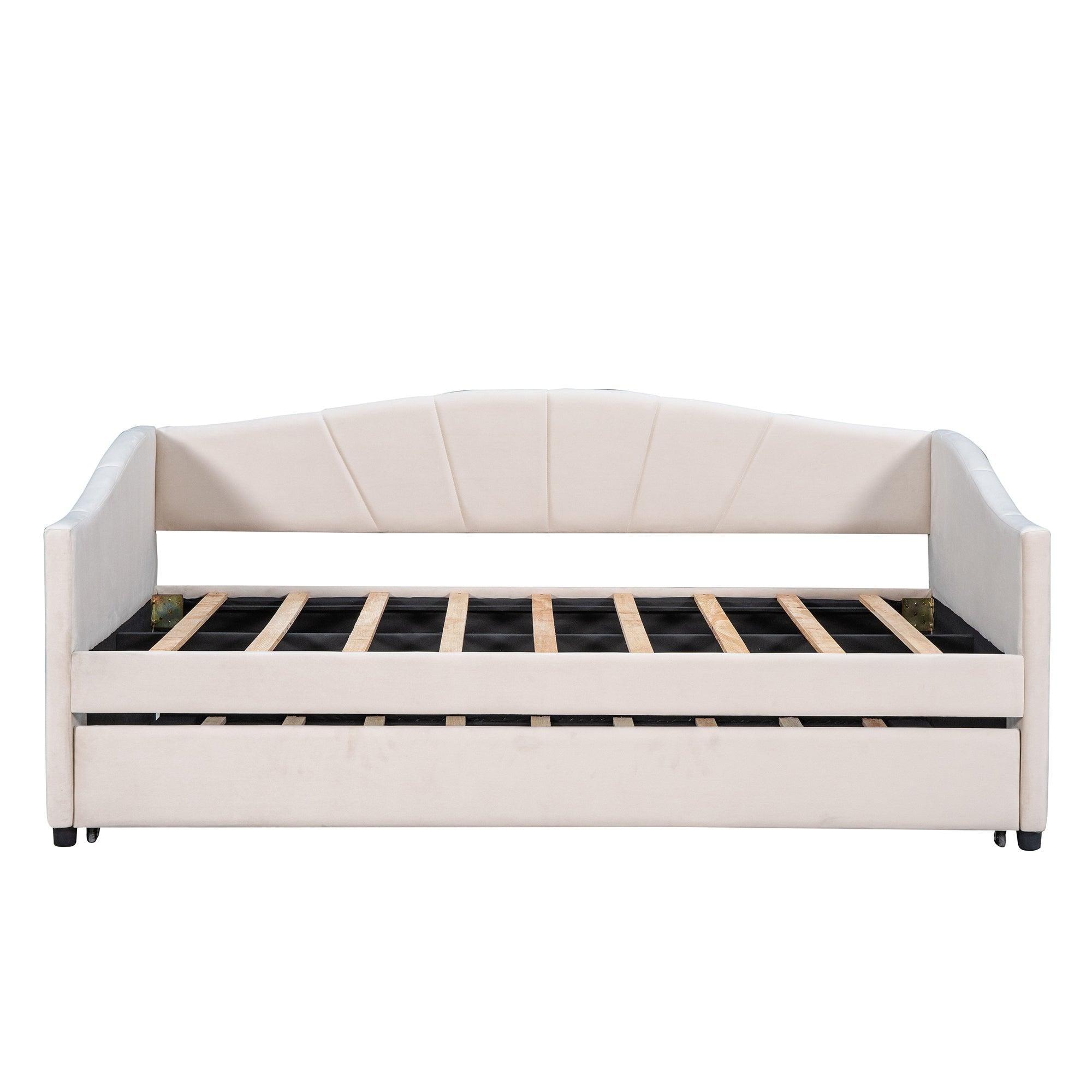 Upholstered Daybed Sofa Bed Twin Size With Trundle Bed and Wood Slat ,Beige