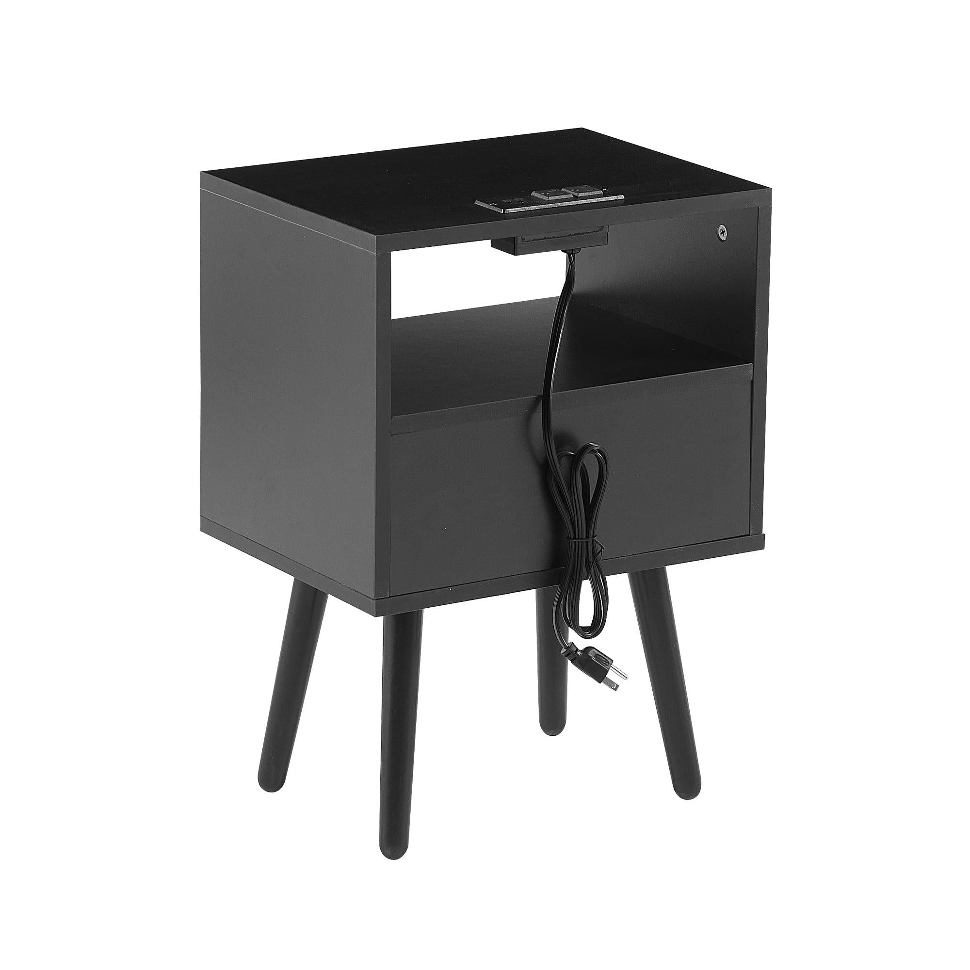 15.75" Rattan End table with Power Outlet  & USB Ports ,Modern nightstand with drawer and solid wood legs, side table for living roon, bedroom,black