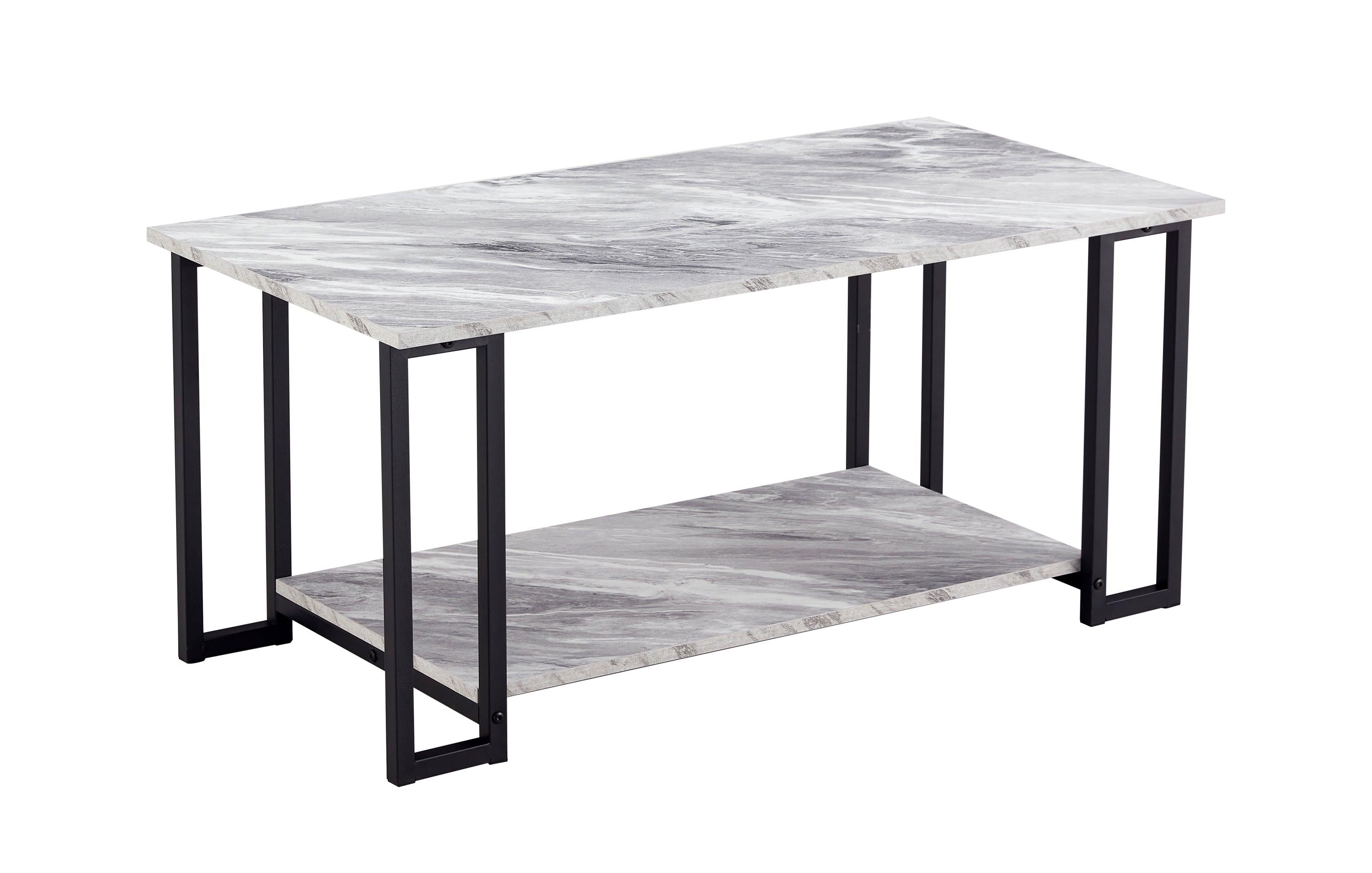 Coffee Table, 2 Layers 1.5cm Thick Marble MDF Rectangle 39.37" L Tabletop Iron Coffee Table , Dining Room,  GREY Top, BLACK Leg