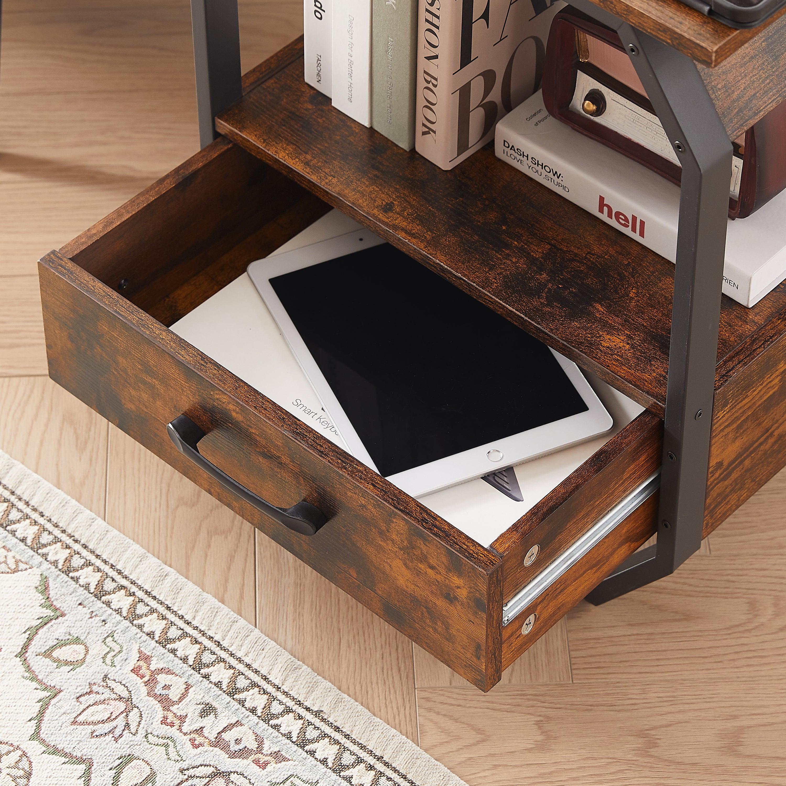 End table Side table with Charging Station,sofa side table with drawers, bedside table for bedroom.(Rustic Brown,17.3’’W*17.9’’D*21.2’’H)