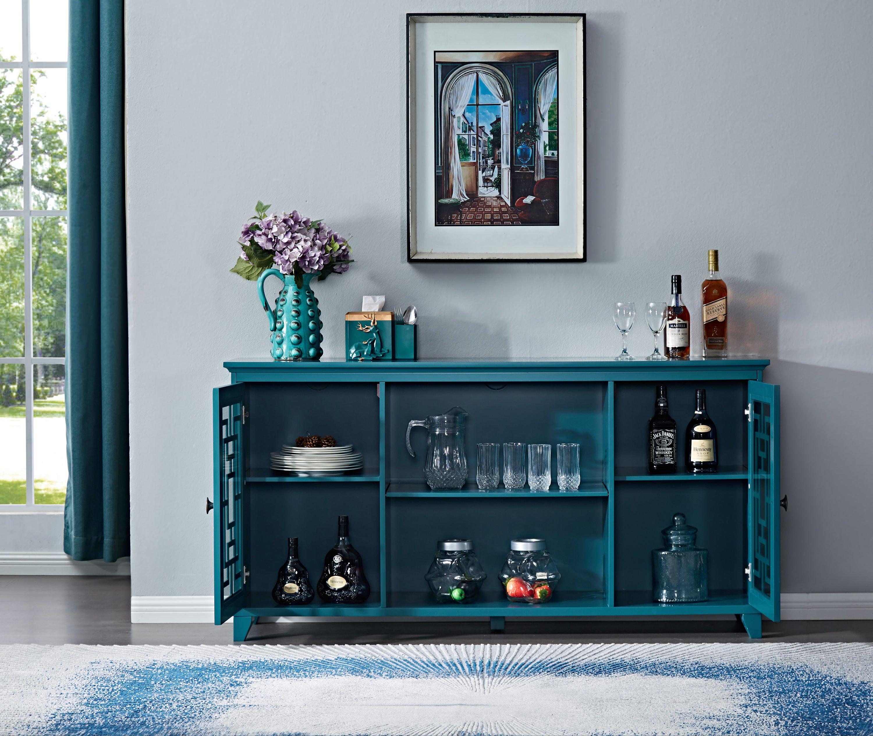 60” Sideboard Buffet Table with 2 Doors,Storage Cabinet with Adjustable Shelves, Teal Blue