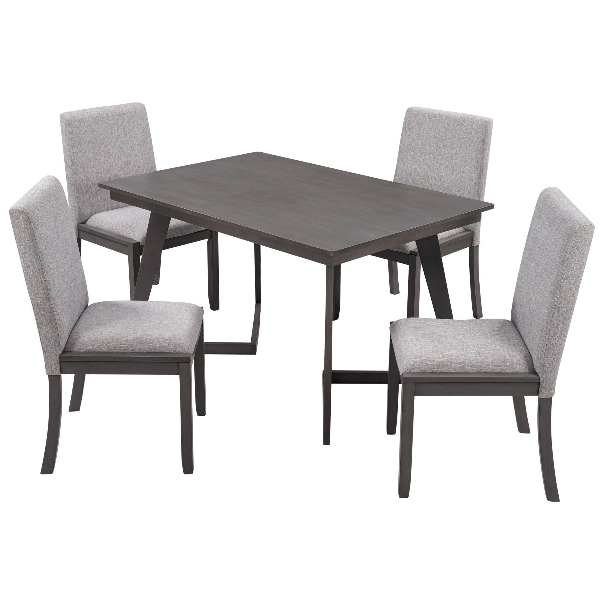 5-Piece Dining Set, Wood Rectangular Table with 4 Linen Fabric Chairs, Gray