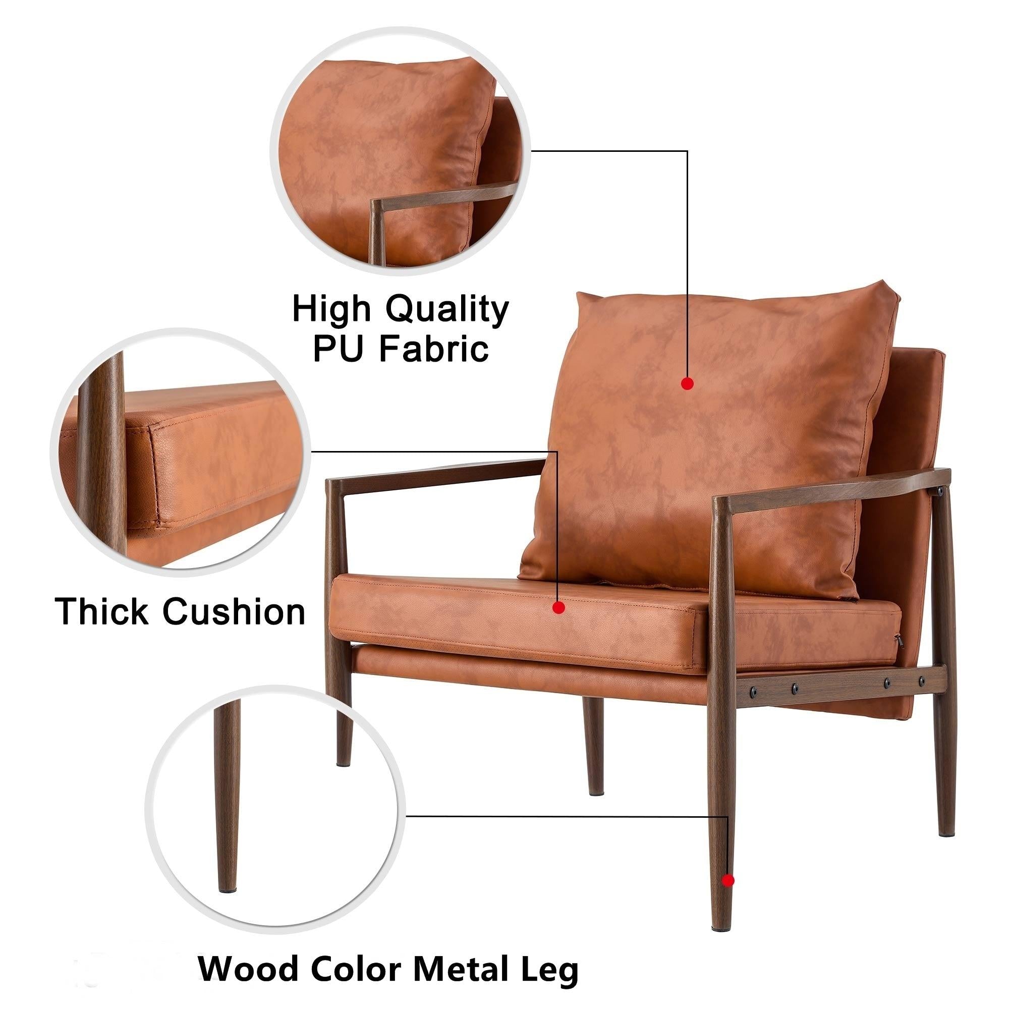 PU Leather Accent Arm Chair Mid CenturyModern Upholstered Armchair with Imitation solid wood Walnut color Metal Frame Extra-Thick Padded Backrest and Seat Cushion Sofa Chairs for Living Room