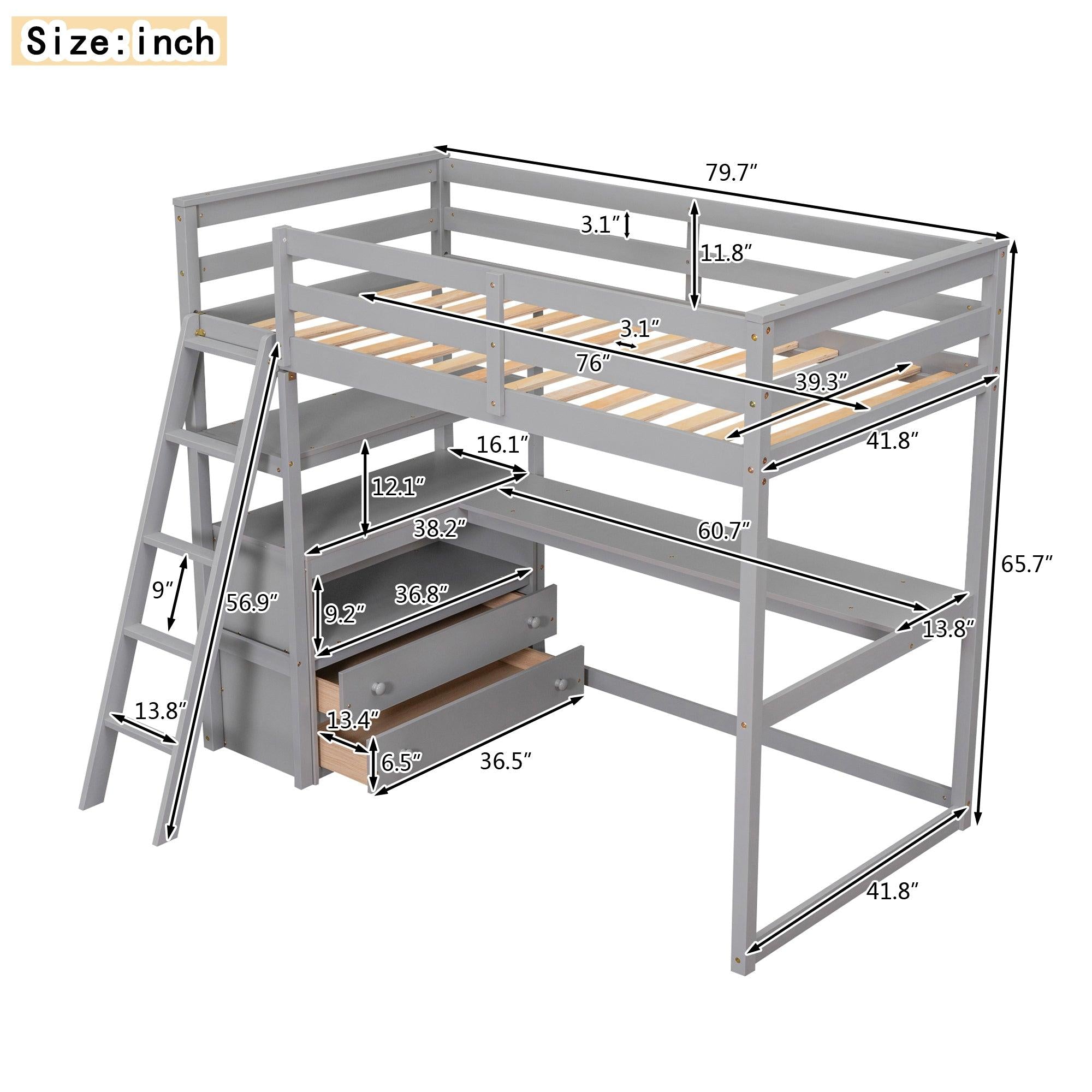 Twin Size Loft Bed with Desk and Shelves, Two Built-in Drawers, Gray