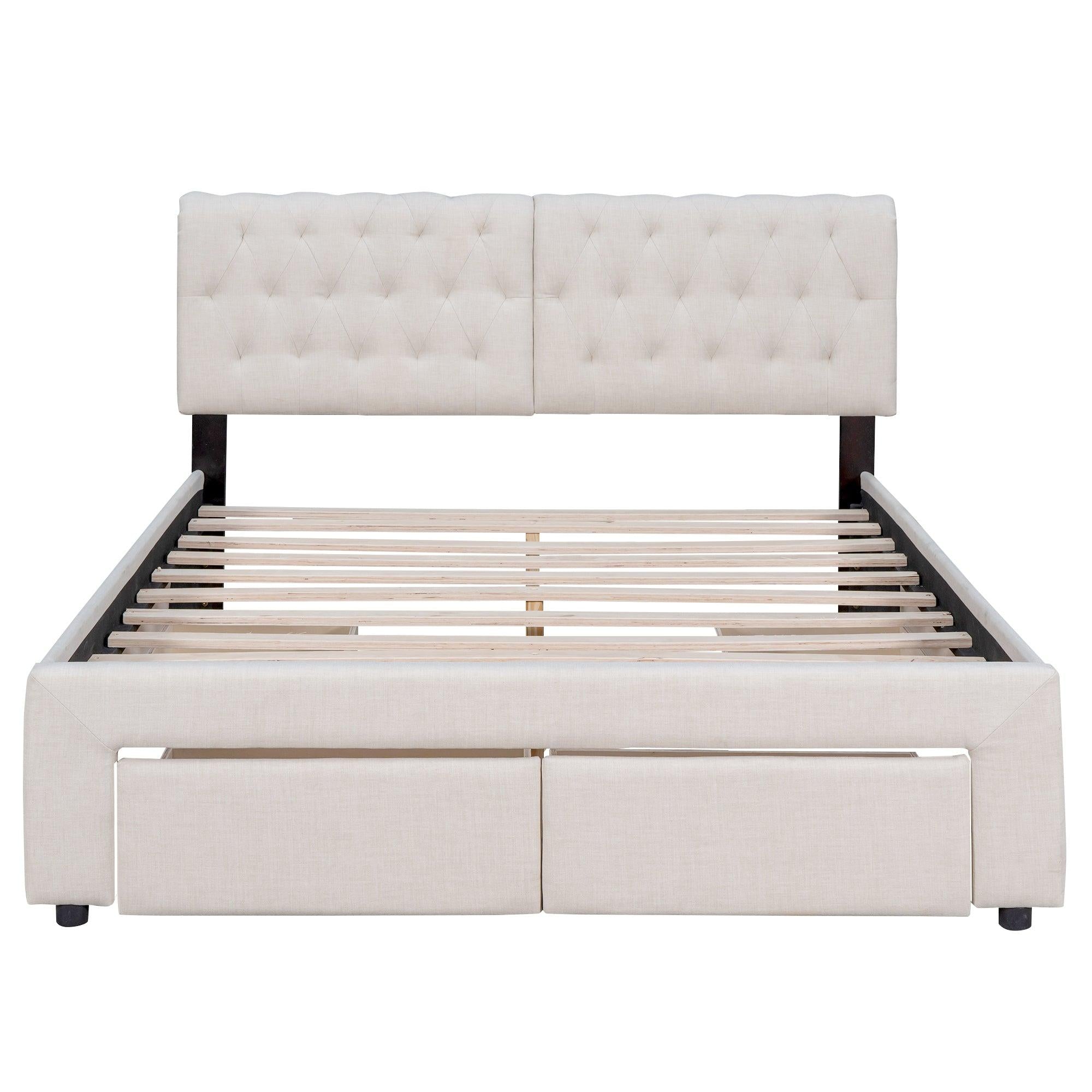 Queen Size Upholstery Platform Bed with Four Drawers,Beige