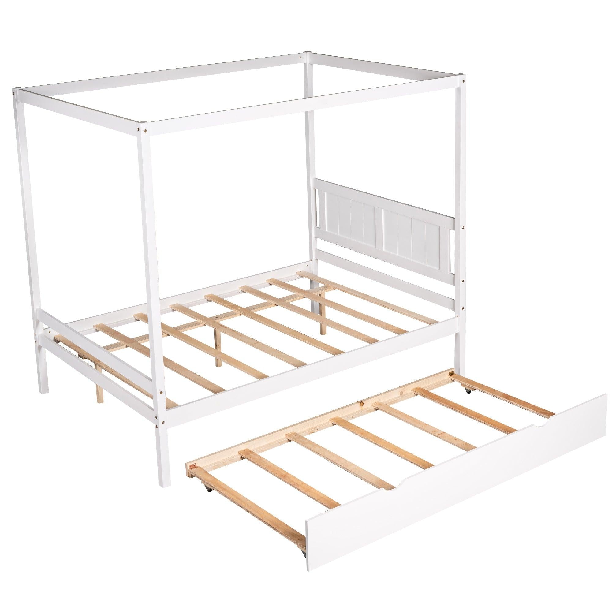 Full Size Canopy Platform Bed with Trundle,With Slat Support Leg,White