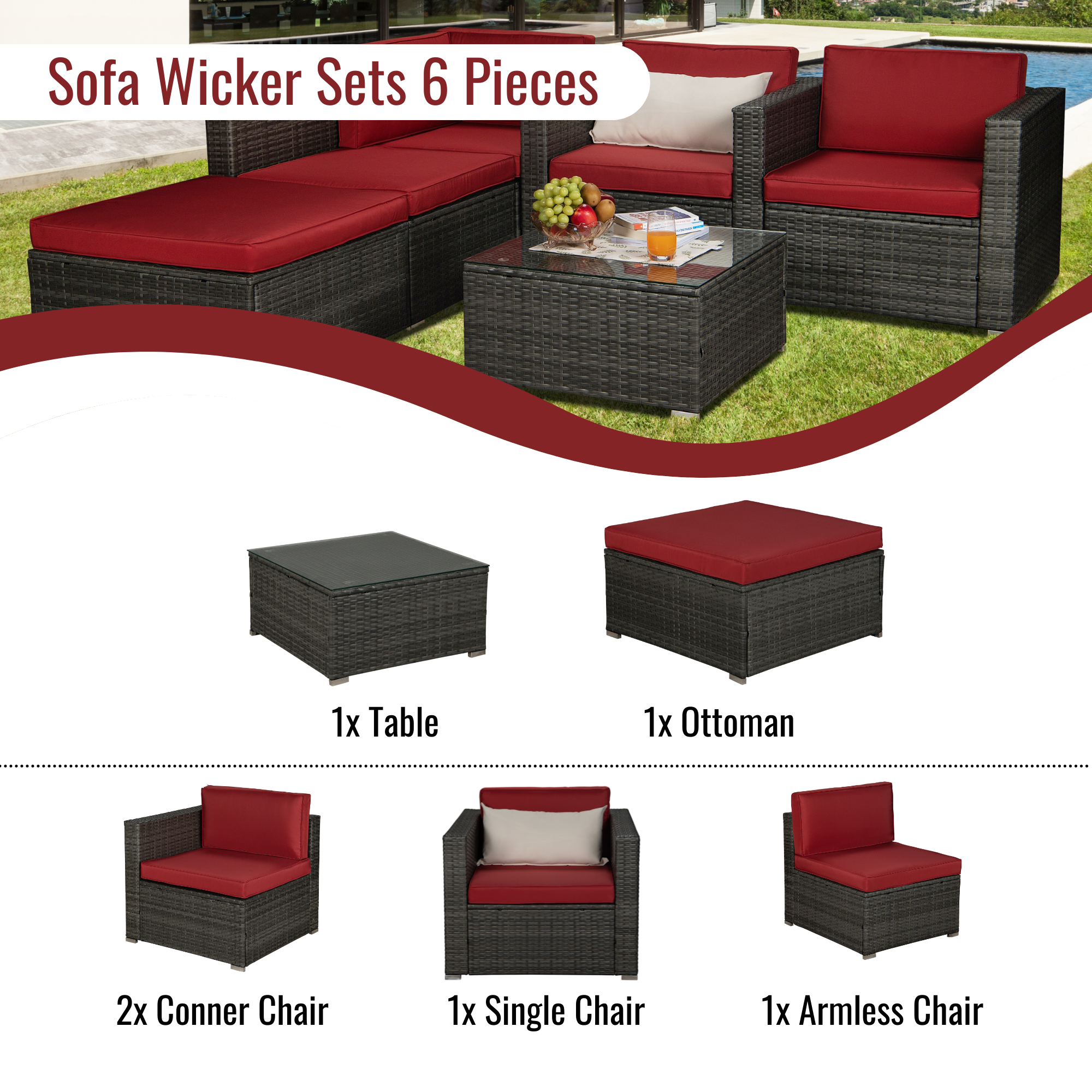 Outdoor Garden Patio Furniture 6-Piece Gray PE Rattan Wicker Sectional Red Cushioned Sofa Sets with 1 Beige Pillow