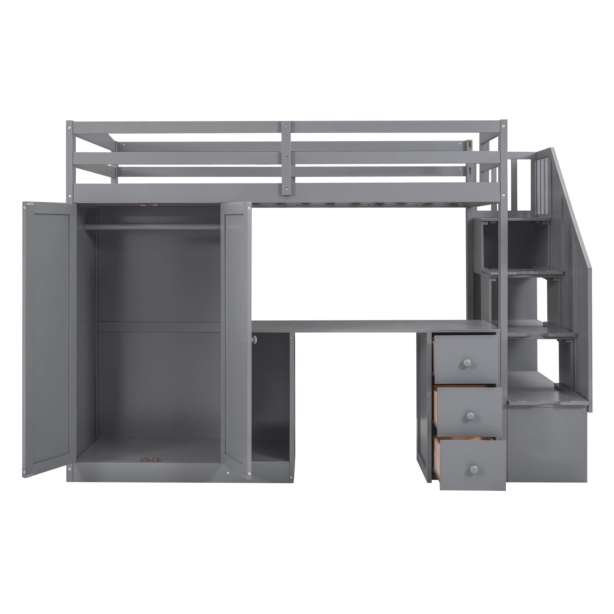 Twin Size Loft Bed with Wardrobe and Staircase, Desk andStorage Drawers and Cabinet in 1,Gray