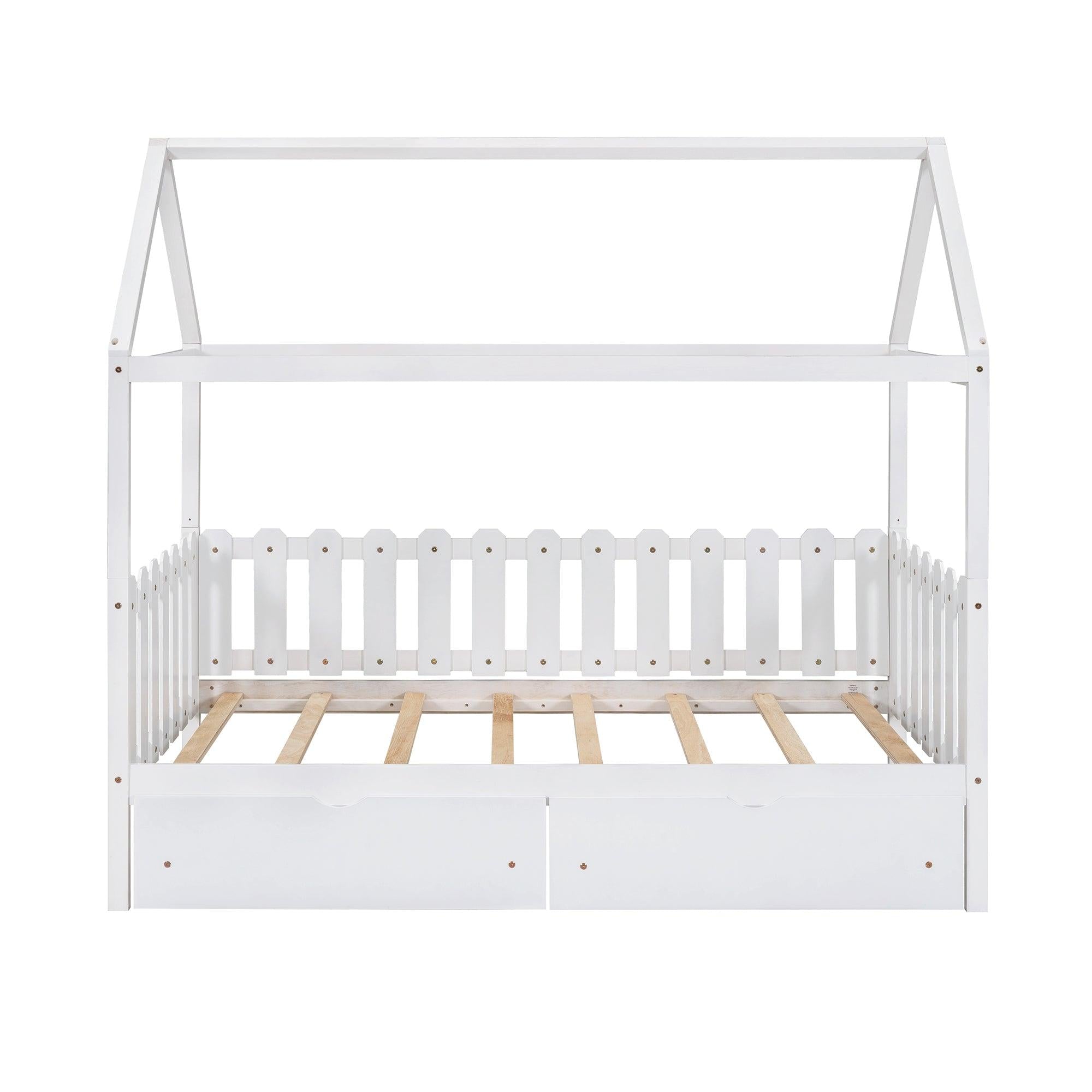 Twin Size House Bed with drawers, Fence-shaped Guardrail, White