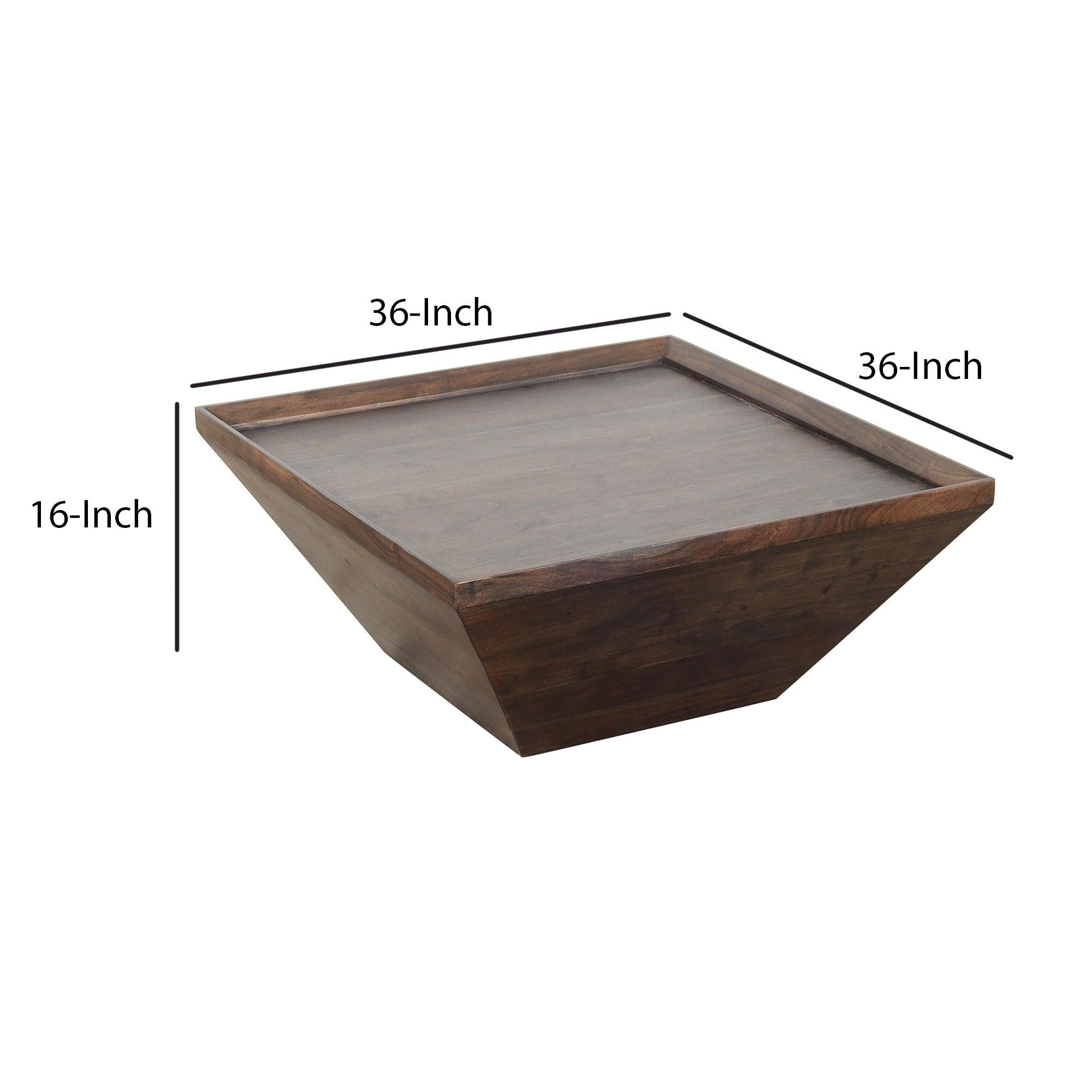 36 Inch Square Shape Acacia Wood Coffee Table with Trapezoid Base, Brown