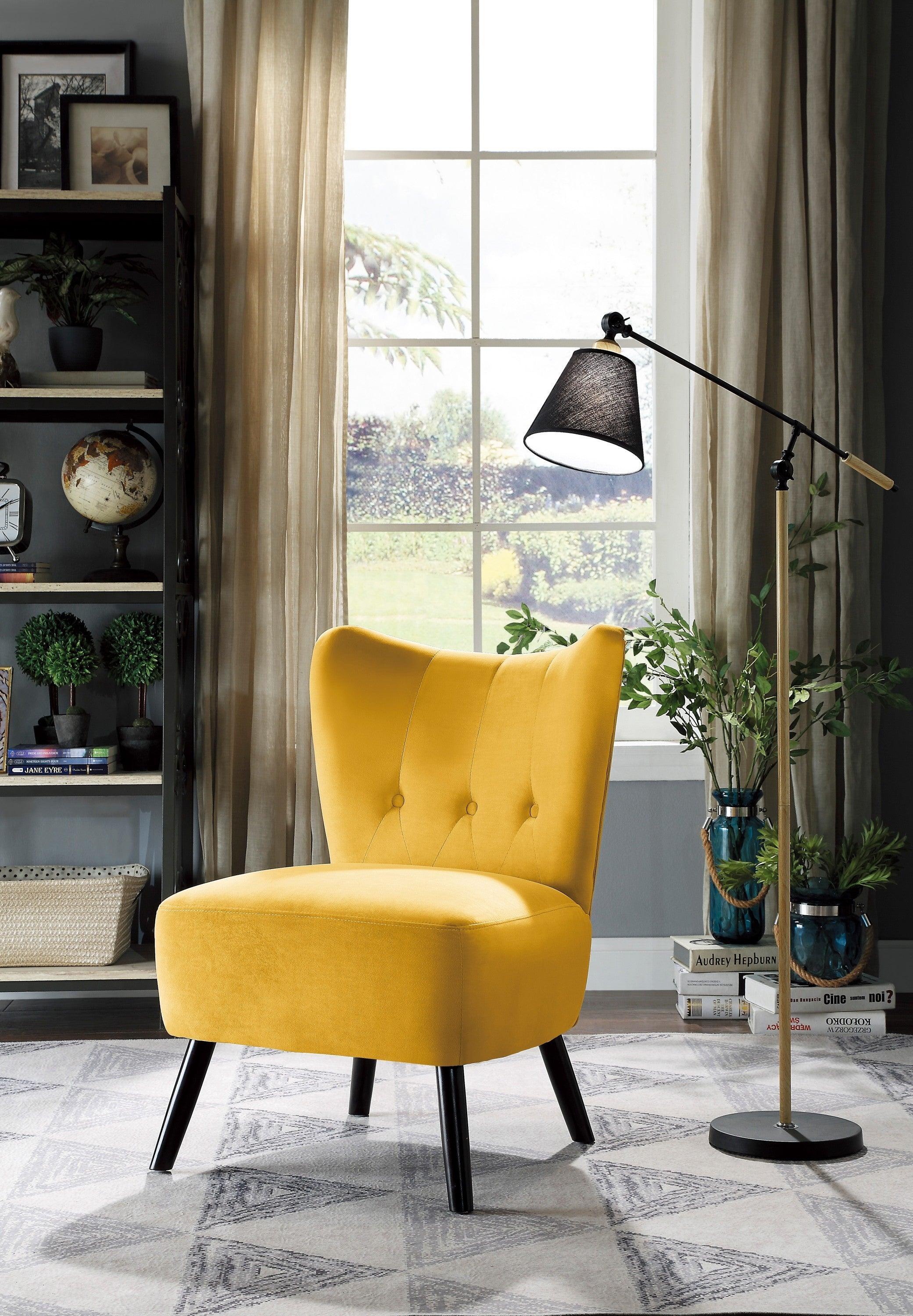 Unique Style Accent Chair Yellow Velvet Covering Button-Tufted Back Brown Finish Wood LegsModern Home Furniture image