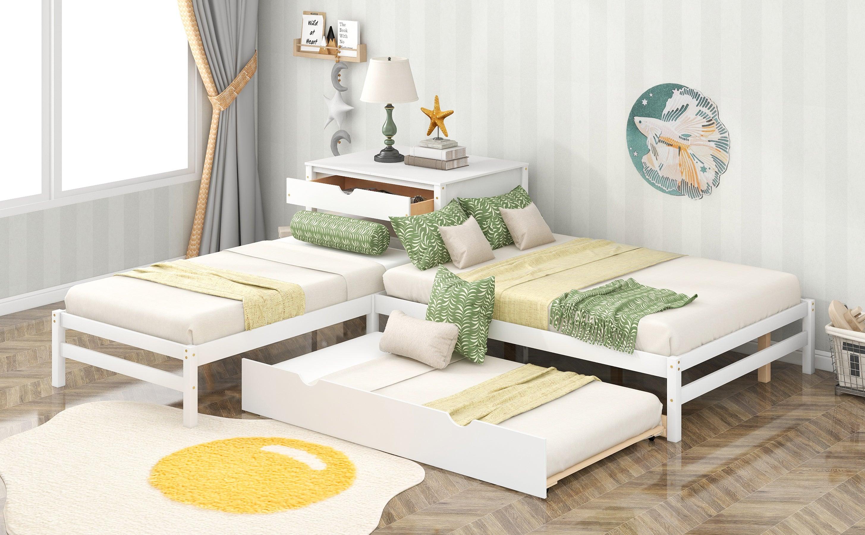 L-Shaped Full Size and Twin Size Platform Beds with Twin Size Trundle and Drawer Linked with Built-in Rectangle Table,White