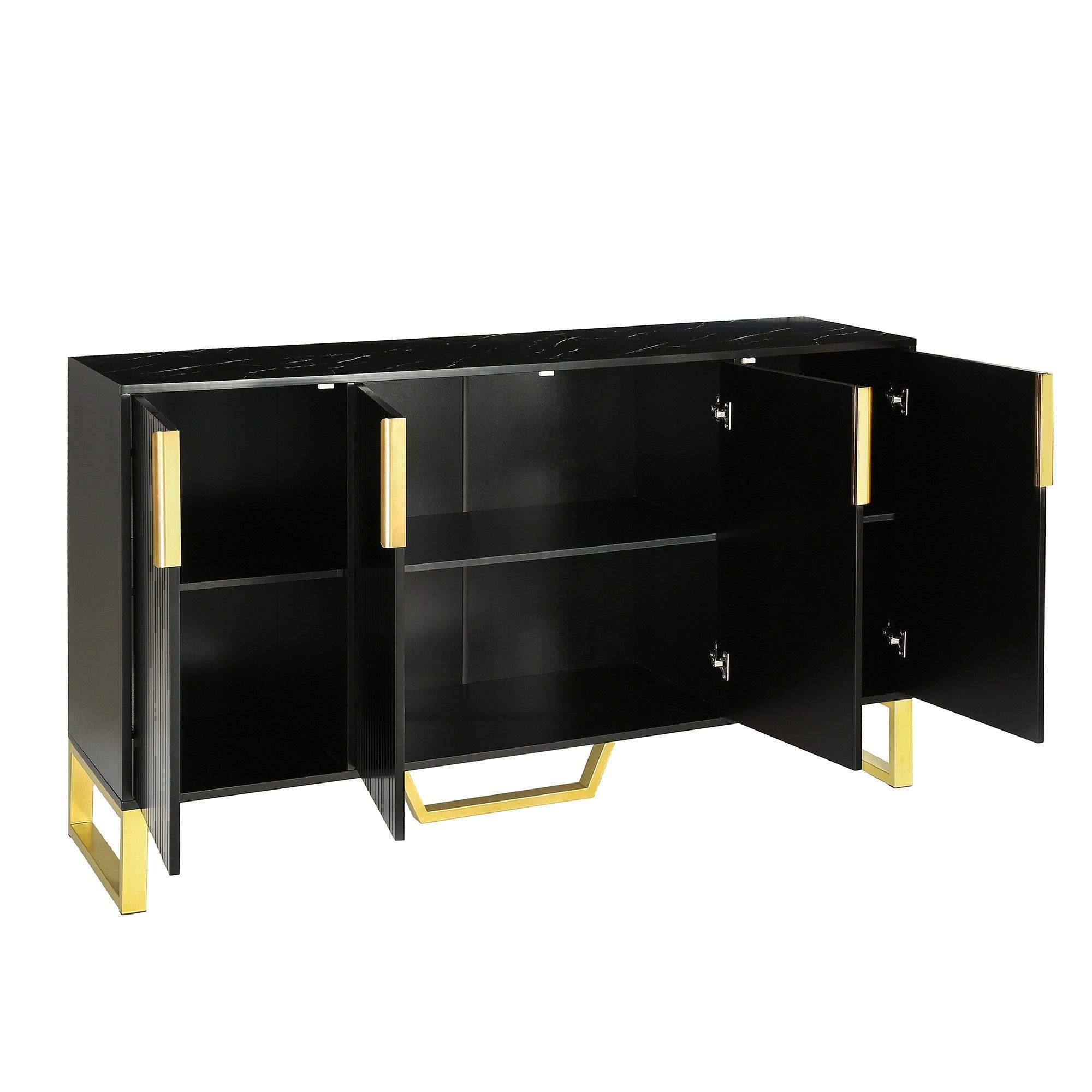 Modern sideboard with Four Doors, Metal handles & Legs and Adjustable Shelves Kitchen Cabinet (Black)