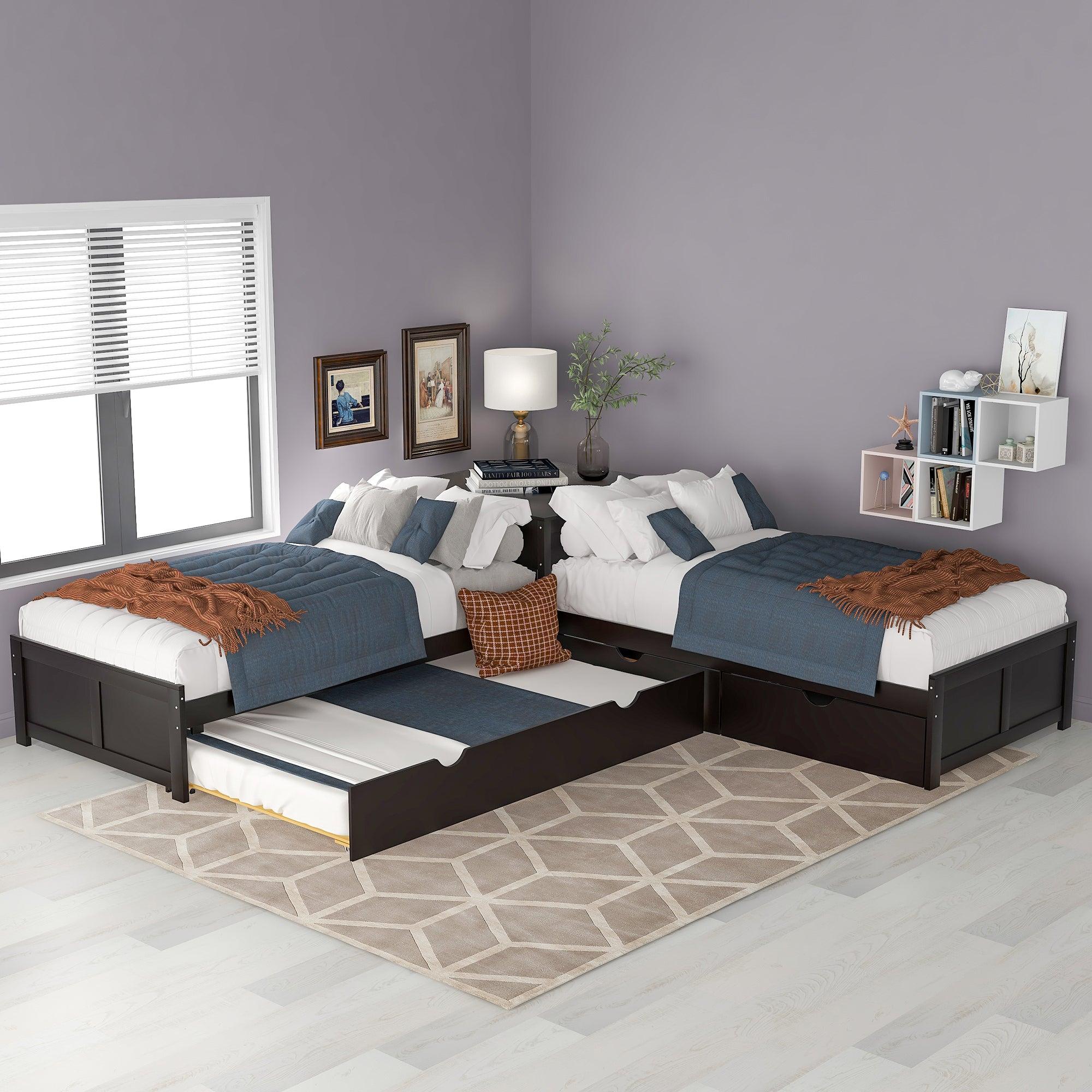 L-shaped Platform Bed with Trundle and Drawers Linked with built-in Desk,Twin,Espresso image