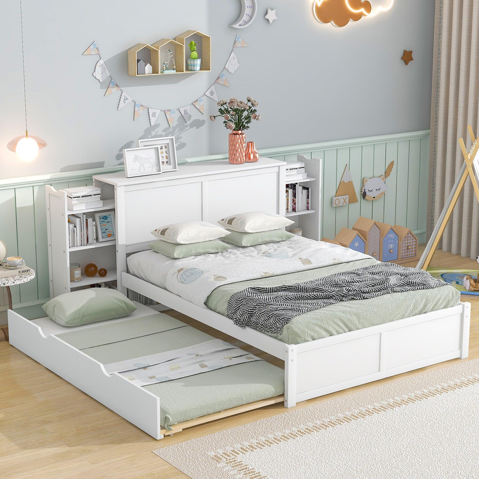 Full SizeStorage Platform Bed with Pull Out Shelves and Twin Size Trundle, White image