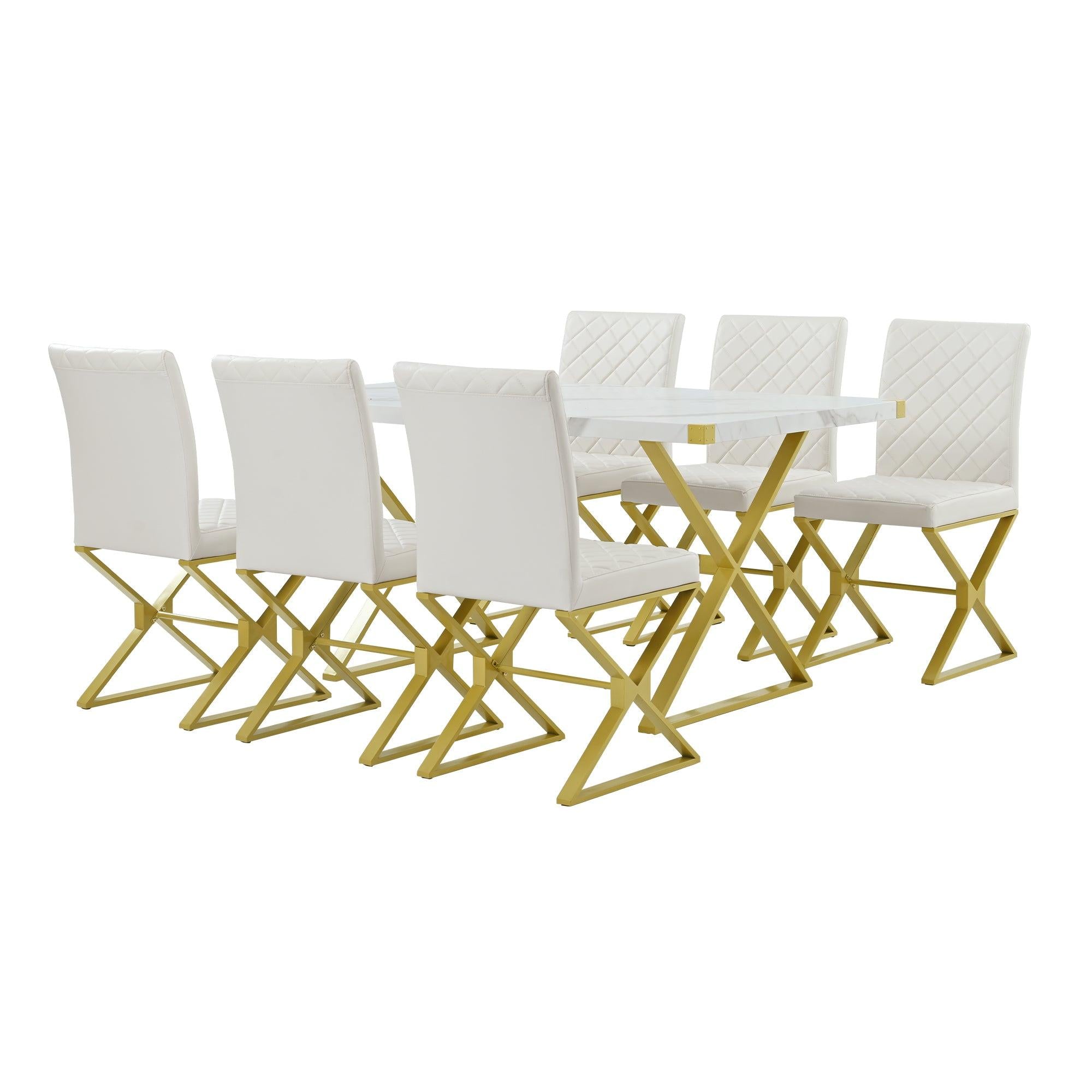 7-PieceModern Dining Table Set, Rectangular Marble Texture Kitchen Table and 6 PU leather Chairs with X-Shaped Gold Steel Pipe Legs for Dining Room (White)