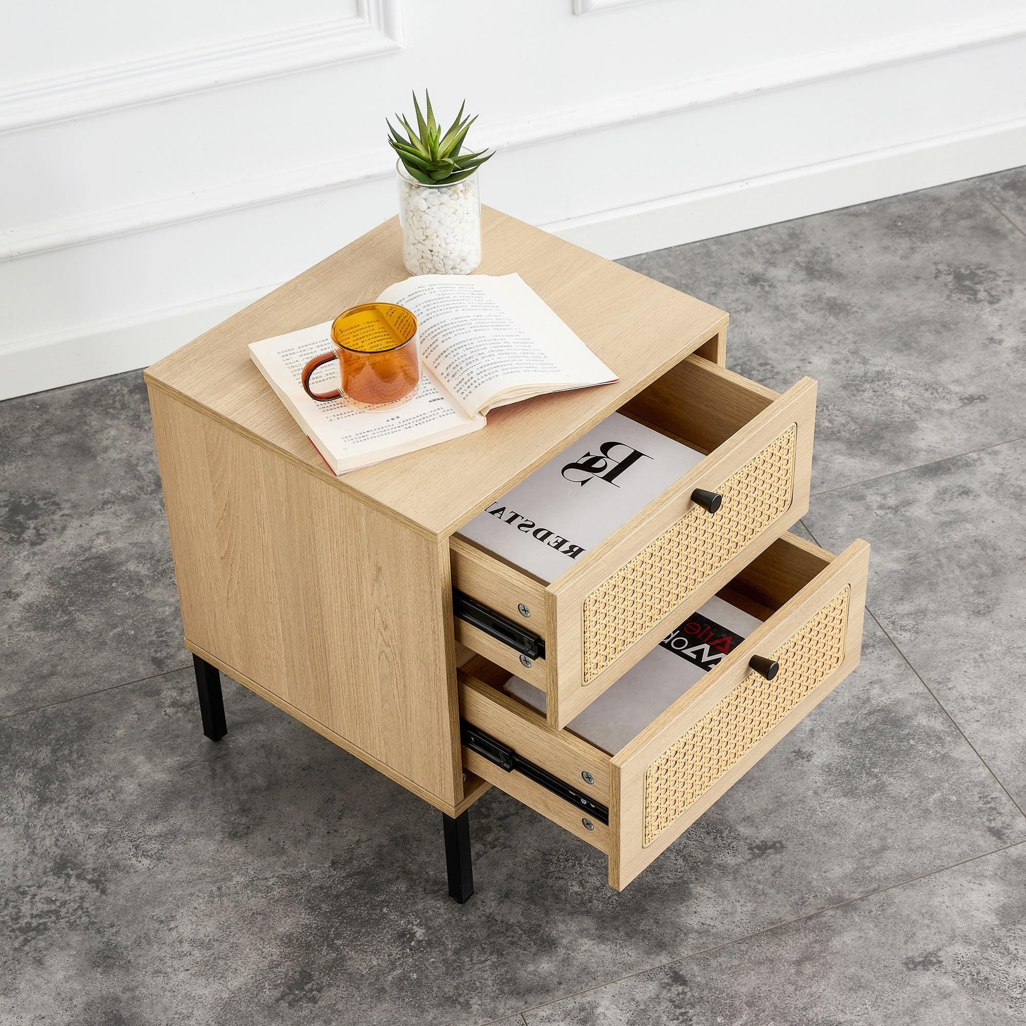 Modern simpleStorage cabinet MDF Board bedside cabinet Japanese rattan bedside cabinet Small household furniture bedside table.Applicable to dressing table in bedroom, porch, living room.2 Drawers