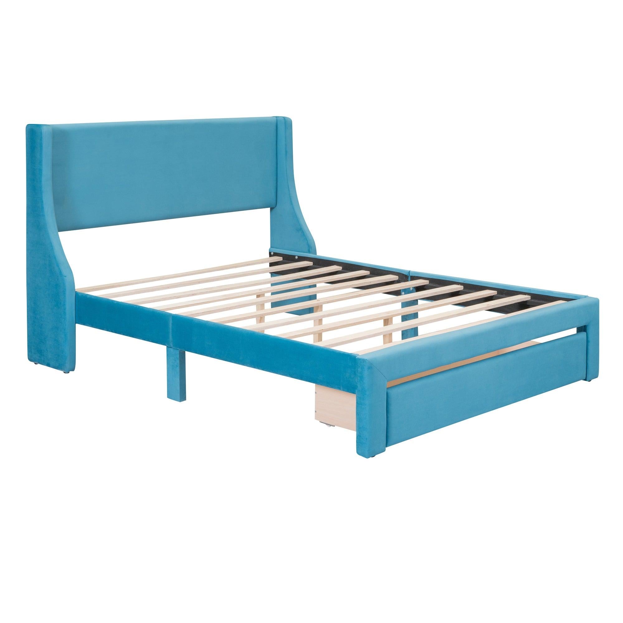 Queen SizeStorage Bed Velvet Upholstered Platform Bed with a Big Drawer - Blue