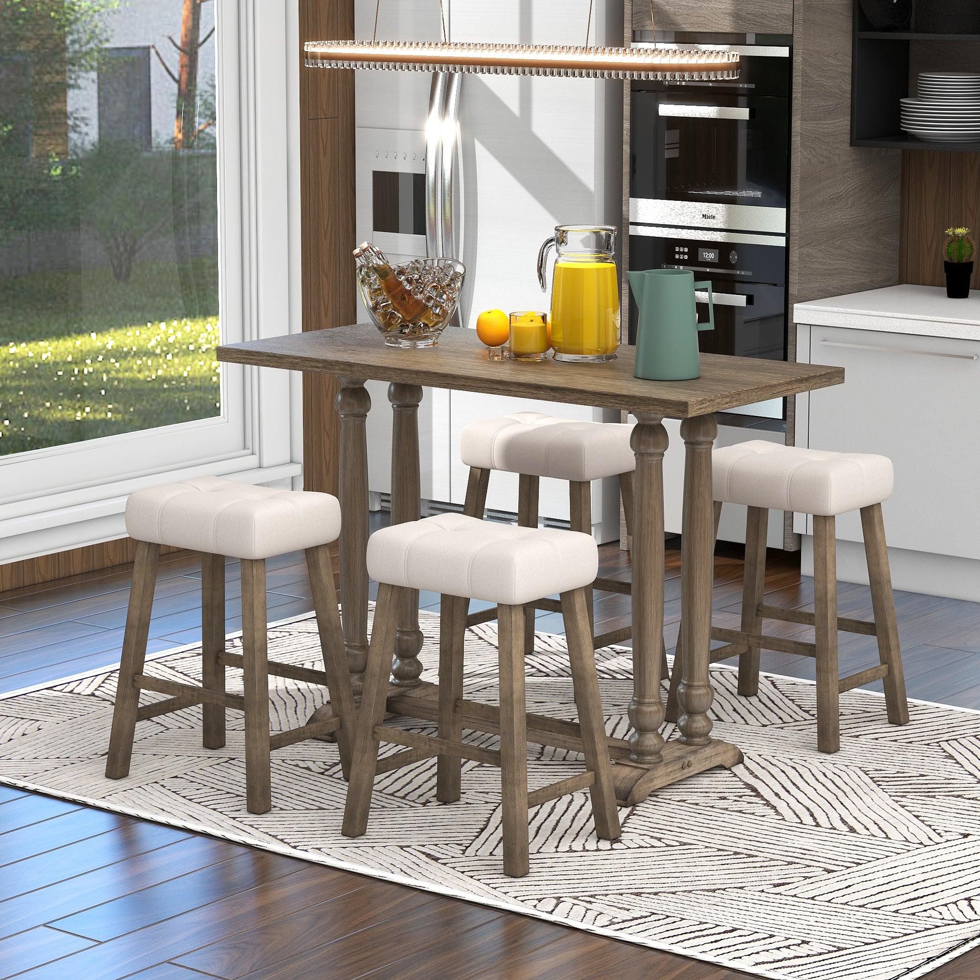 5-Piece Dining Table Set, Counter Height Dining Furniture with a Rustic Table and 4 Upholstered Stools for Kitchen, Dining Room (Light Brown) image