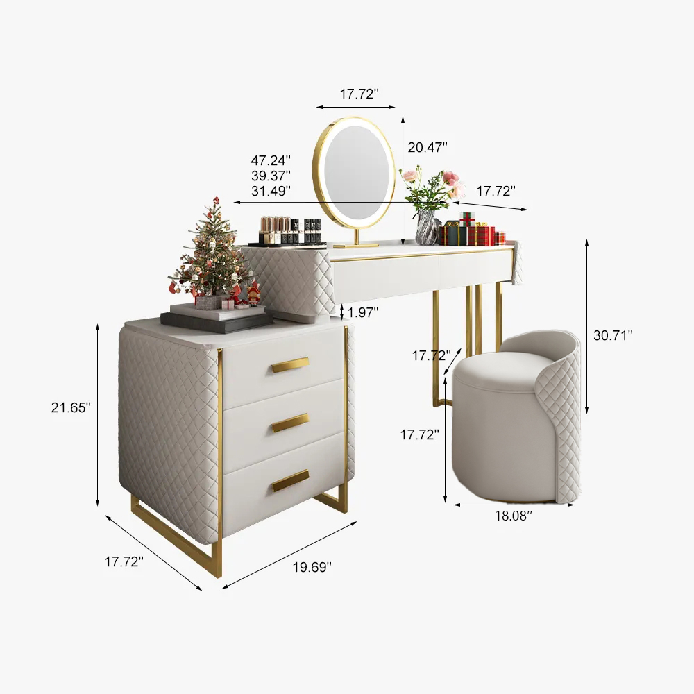 Makeup Vanity Set with LED Lighted Mirror, 5 Drawers,Modern Dressing Table Sintered Stone, Stool, For Bedroom,31.49''