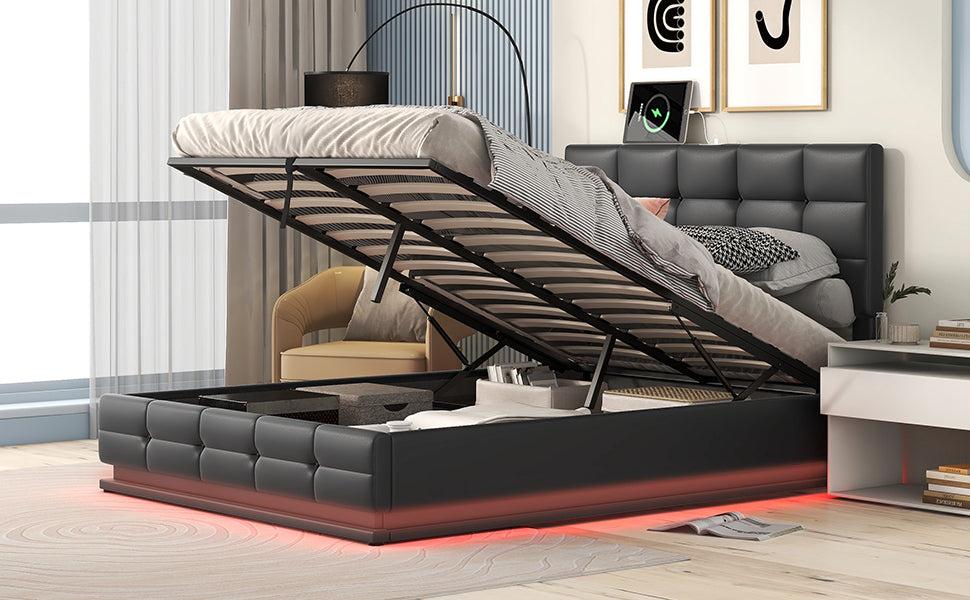 Full Size Tufted Upholstered Platform Bed with HydraulicStorage System,PUStorage Bed with LED Lights and USB charger, Black