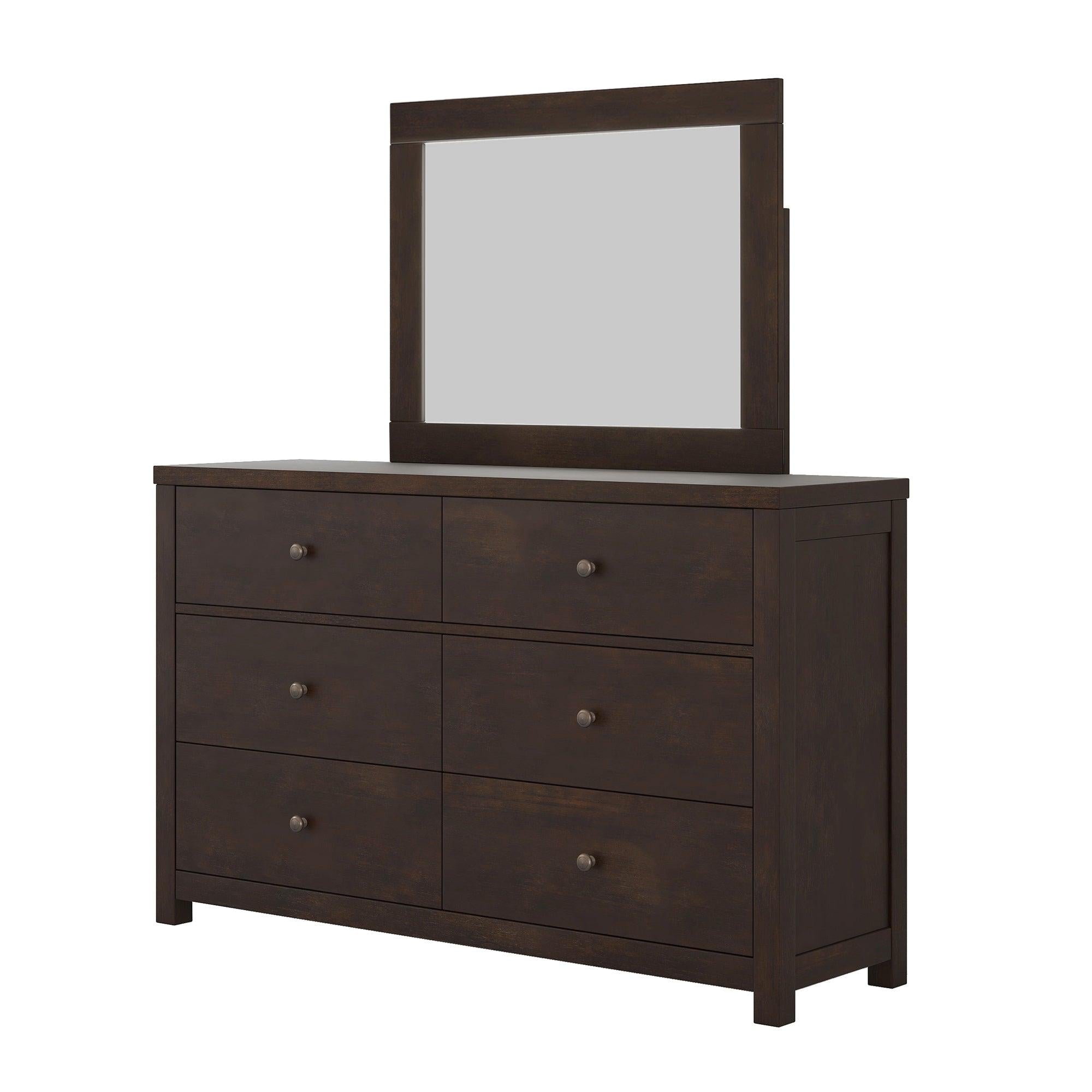 Vintage Aesthetic Solid Wood 6 Drawer Double Dressing Set in Rich Brown (Dresser + Mirror)